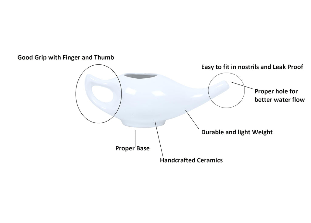 Qimacplus Leak Proof Durable Ceramic Neti Pot Comfortable Grip with 10 Sachet Neti Salt, Lightweight neti Pot Ceramic | Natural