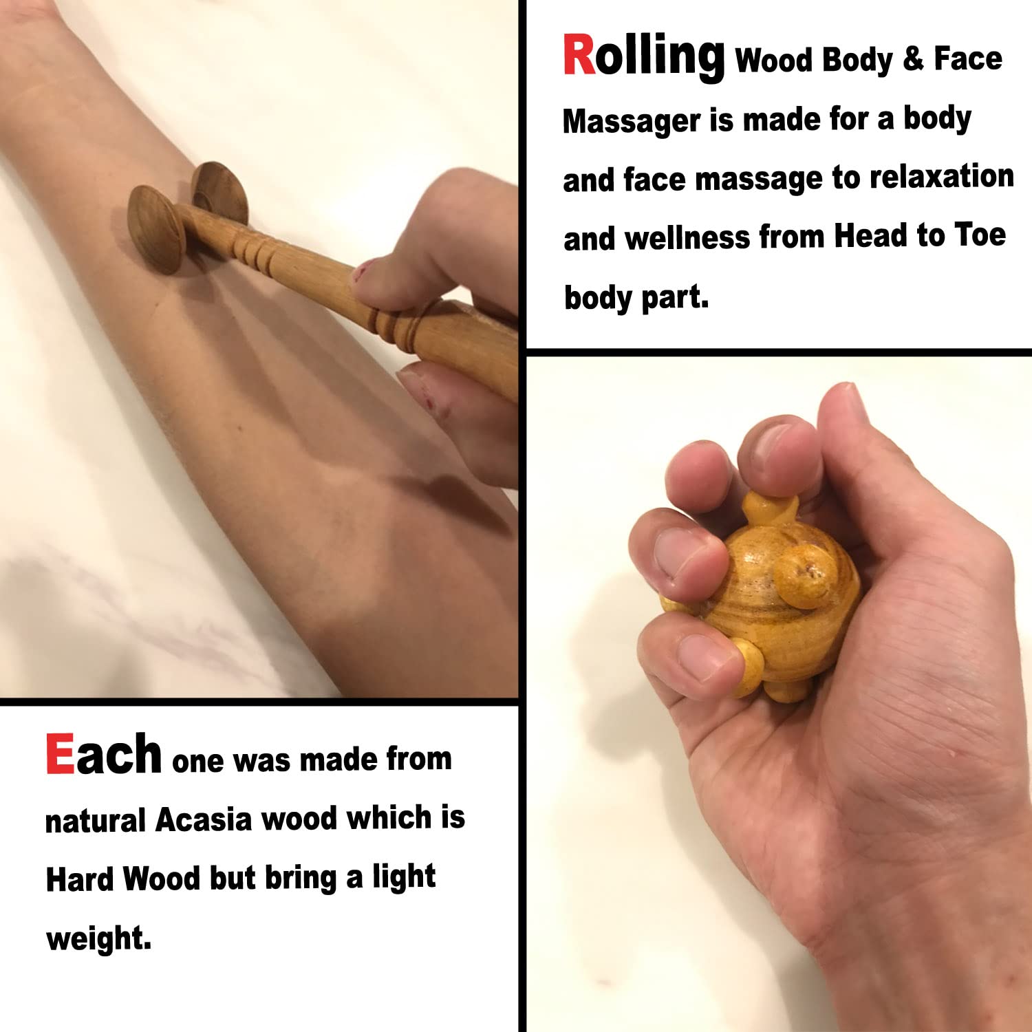 GoldleafKing 2PC Small Original Hard Wooden Acasia Wood Small Body & Face Massager for Men & Women and Hand Massager Set | Healt
