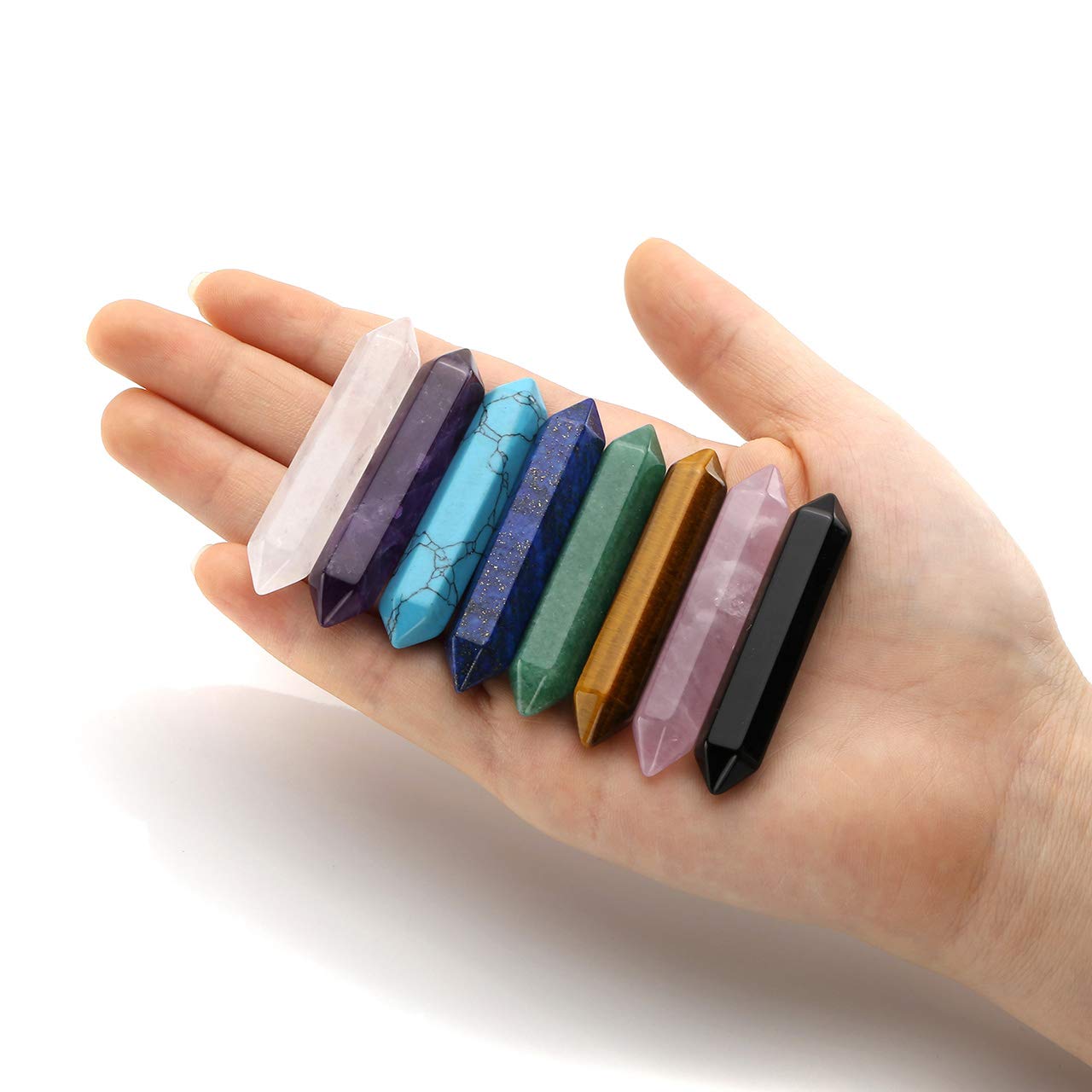 CrystalTears 3pcs Clear Quartz Healing Crystal Wands Hexagonal Double Terminated Crystal Points Prism Bar Polished Tumbled Stone