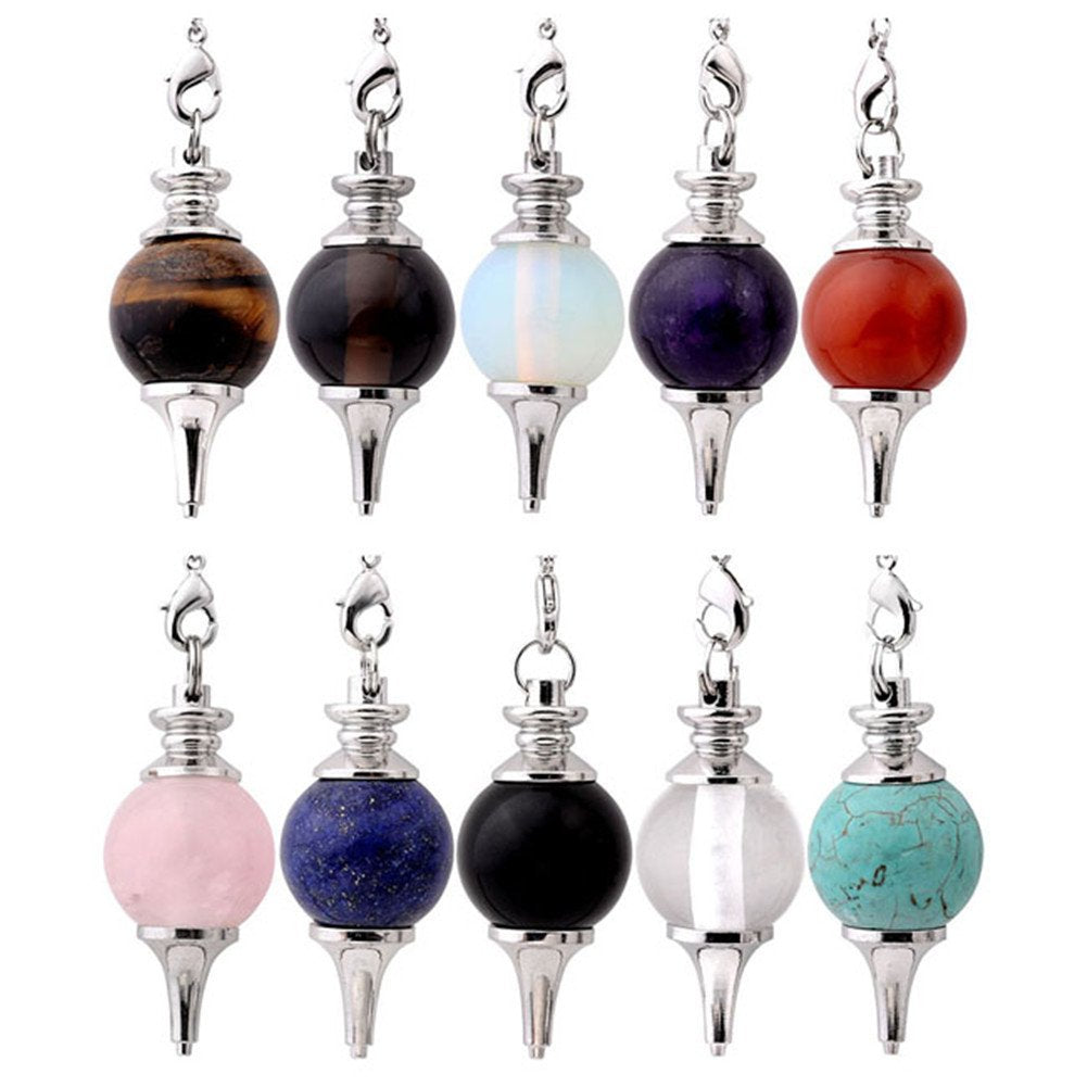 Jovivi 10pcs Beautiful Crystal Pendulums Dowsing Chakra Pendant With Chain,Natural Amethyst Rose Quartz Tiger Eye Obsidian Lapis