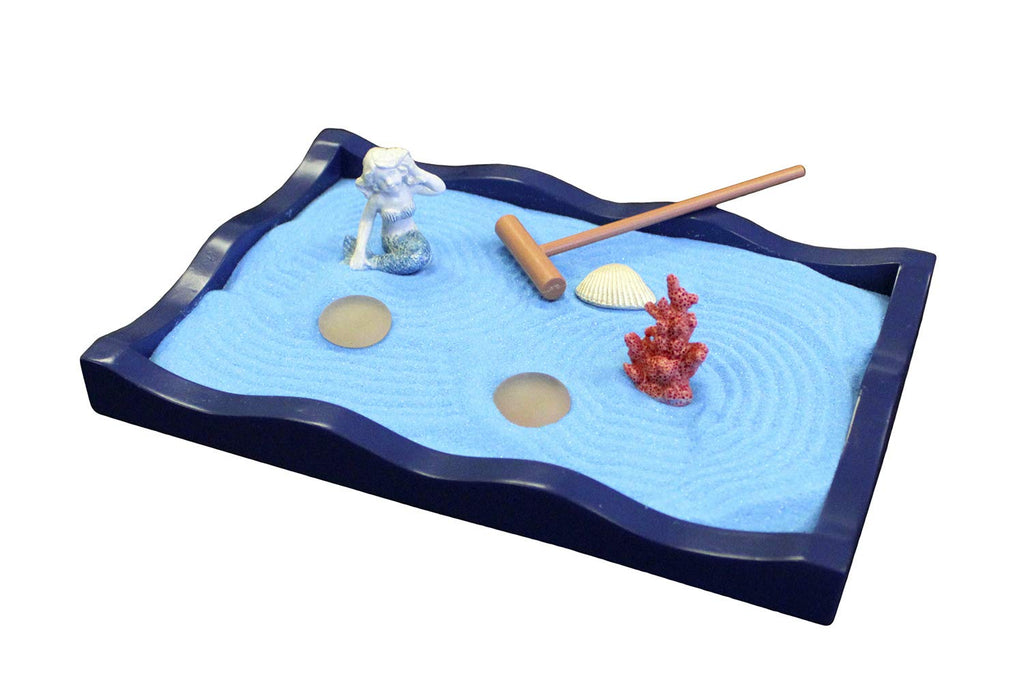 Natures Mark Mini Zen Garden Kit for Desk with Rake, Blue Sand, Miniature Mermaid Clam Corlal Figures, Wavy Base, Glass Rocks