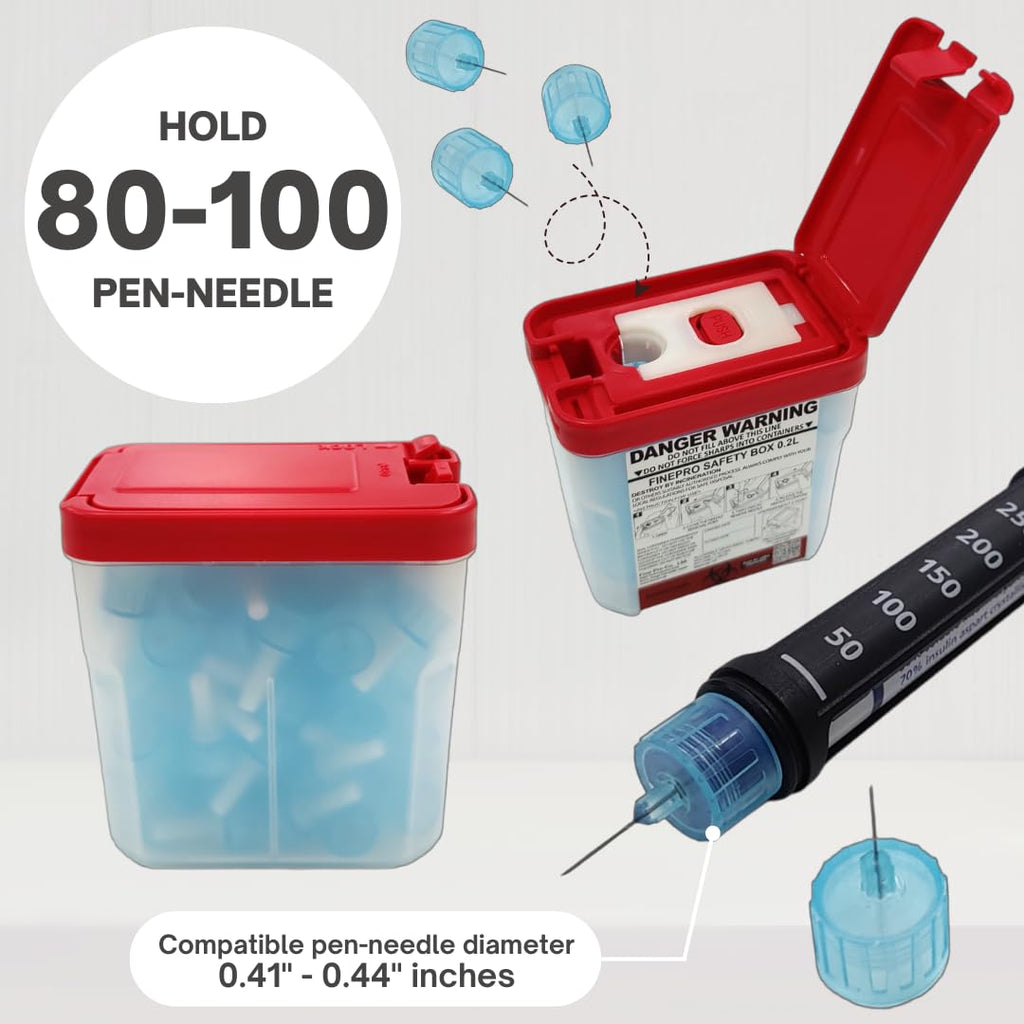FINEPRO 0.2L Size Portable Pen-Needle Disposal Container Diabetes Care (0.2L, Red+Clear, 1)