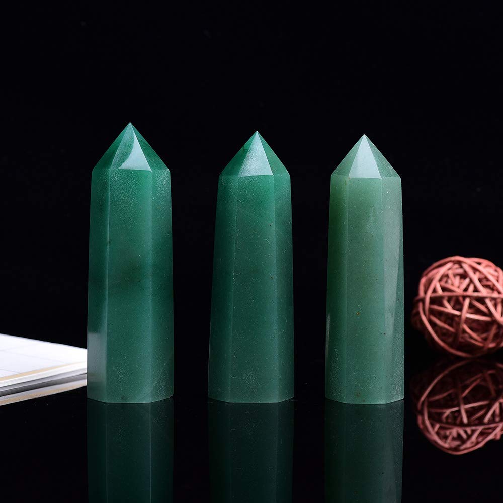 Runyangshi Green Aventurine Natural Healing Crystal Wands Height 2-2.4, 6 Faceted Prism Wand Reiki Chakra Stone, Natural Quartz