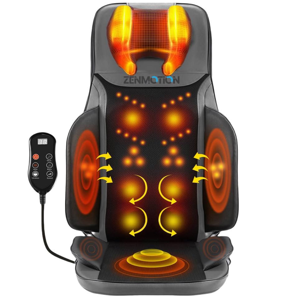 ZENMOTION Full Back Massager with Heat-Shiatsu Massage Chair Pad - 12-Point Shiatsu Back Massager for Chair with Height Adjustab