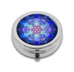 Purple Mandala Pill Box Purse Pocket Small Round Silver Pill Case Decorative Box Metal Medicine Vitamin Pill Organizer Portable 