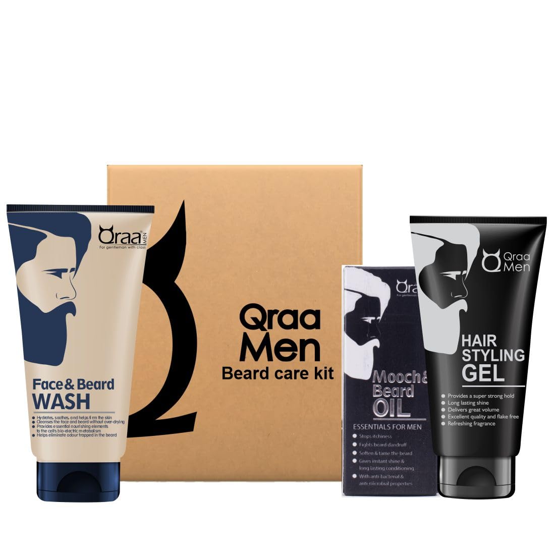 Qraa Beard Care Kit Mooch & Beard OilFor Hair Growth,Face And Beard Wash And Hair Styling Gel For Men (Set Of 3)