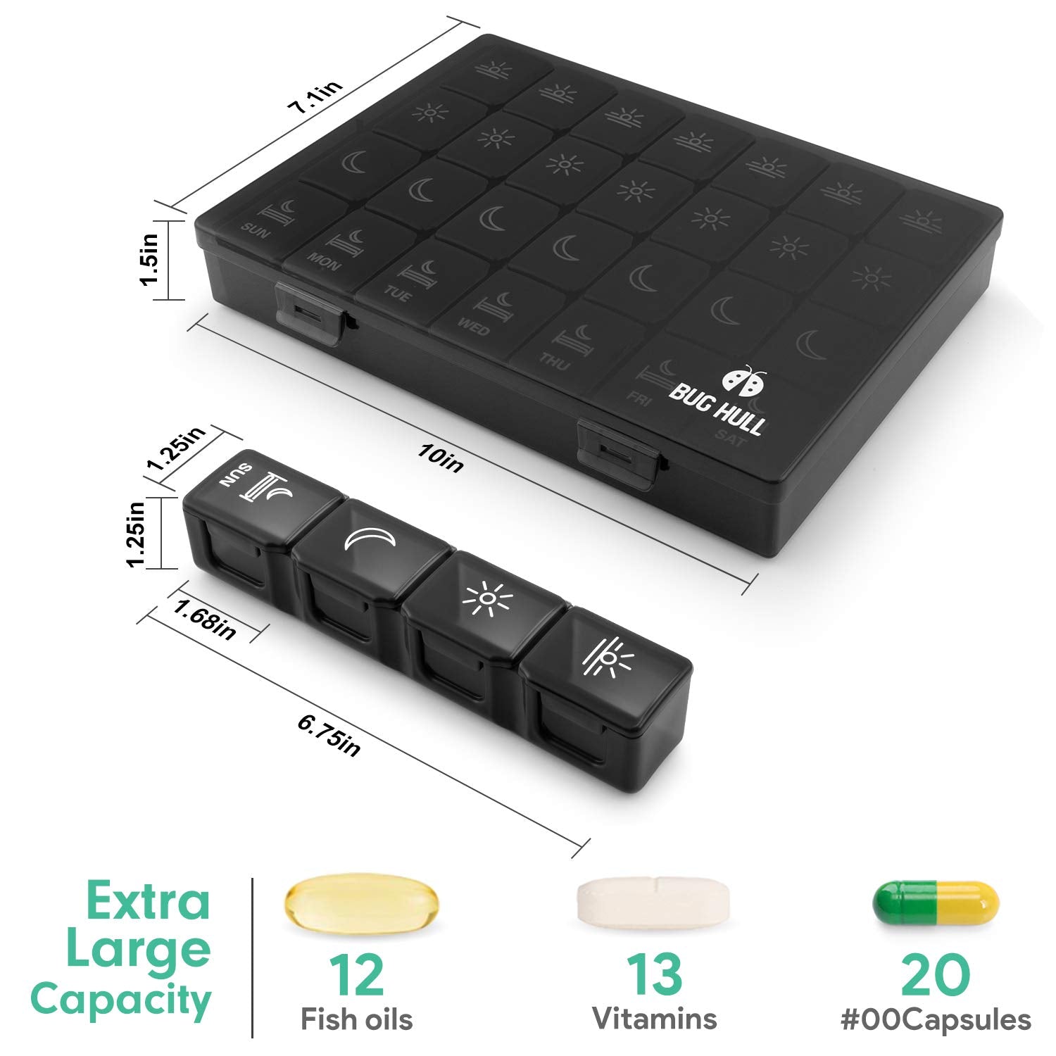 XL Pill Organizer 4 Times a Day,BUG HULL Large Weekly Pill Box for Travelling, Portable Pill Cases 7 Day pill Container Removabl