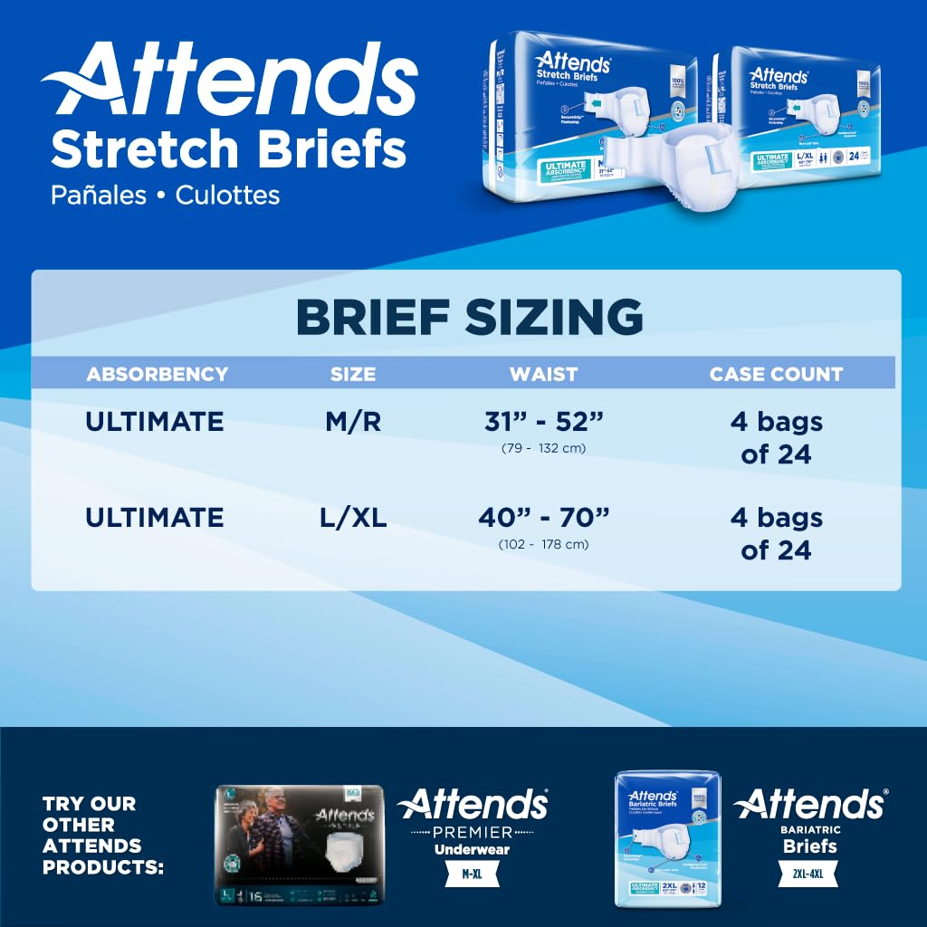 Attends Stretch Adult Incontinence Disposable Briefs, Medium/Regular, 31-52 Waist with SecureGrip Tab Closure, Ultimate Absorben