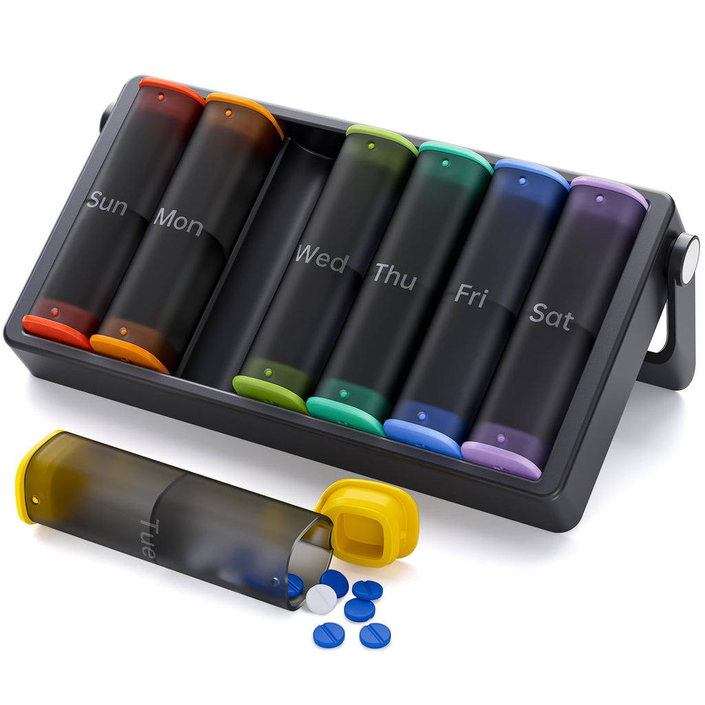 Weekly Pill Organizer 2 Times a Day, KOVIUU Large Travel Pill Box 7 Day, Am Pm Twice Daily Pill Case with Rotatable Handle, Pill