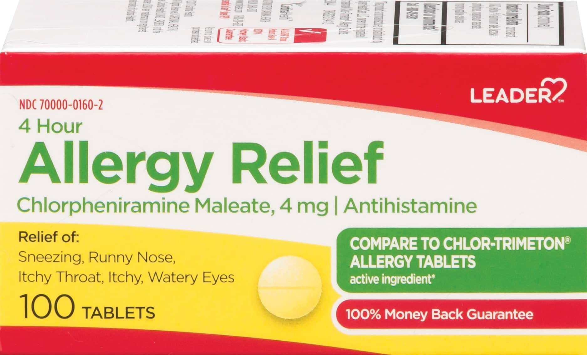 Leader 4 Hour Allergy Relief, Chlorpheniramine Maleate Tablets, Antihistamine, 4 mg, 100 Count, Pack of 4