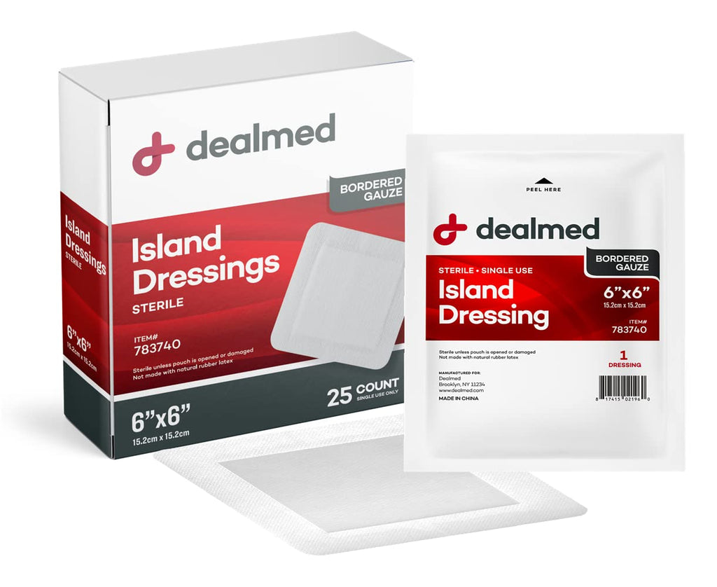 Dealmed Sterile Gauze Island Wound Dressing 6 x 6 Gauze Pads, Disposable, Latex-Free, Adhesive Borders with Non-Stick Pads First