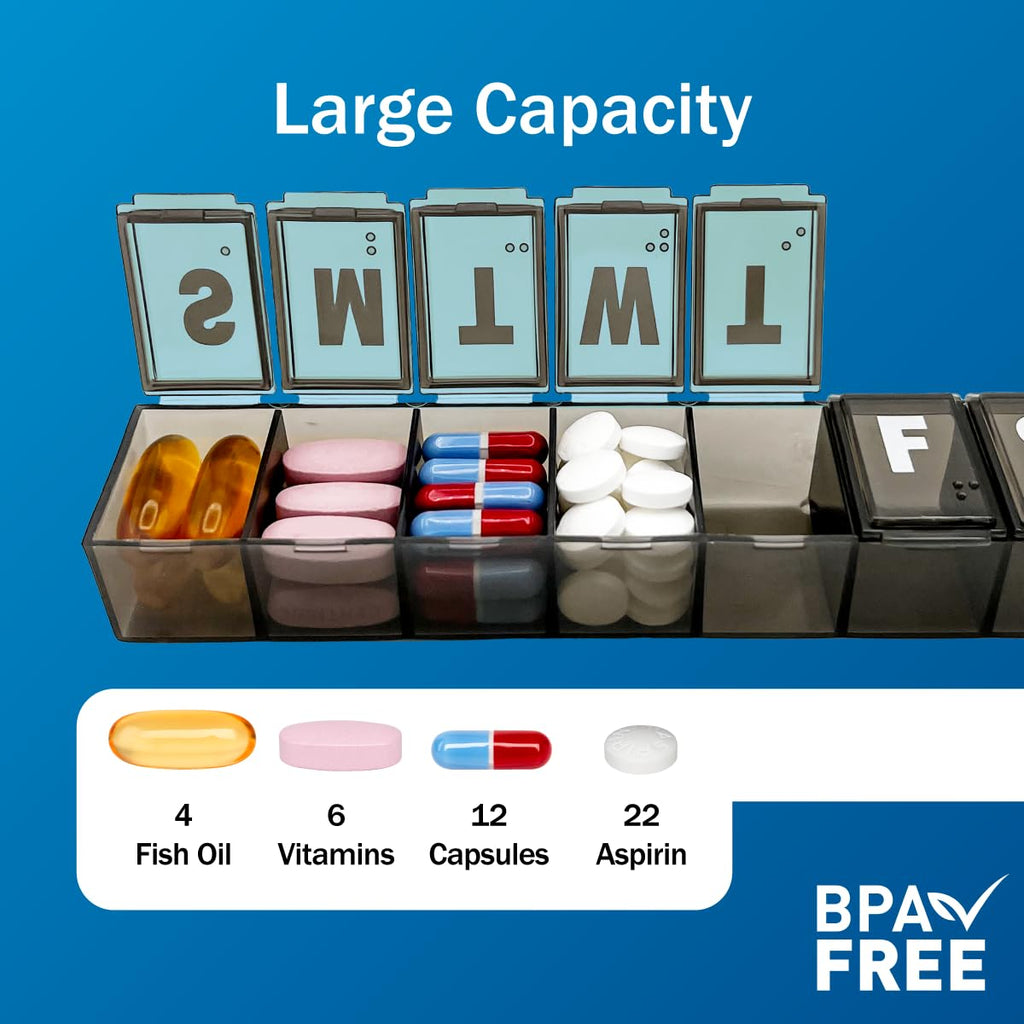 Amazon Basic Care Weekly (7-Day) Pill Organizer, Vitamin Planner, And Medicine Box, Medium Compartments, Black