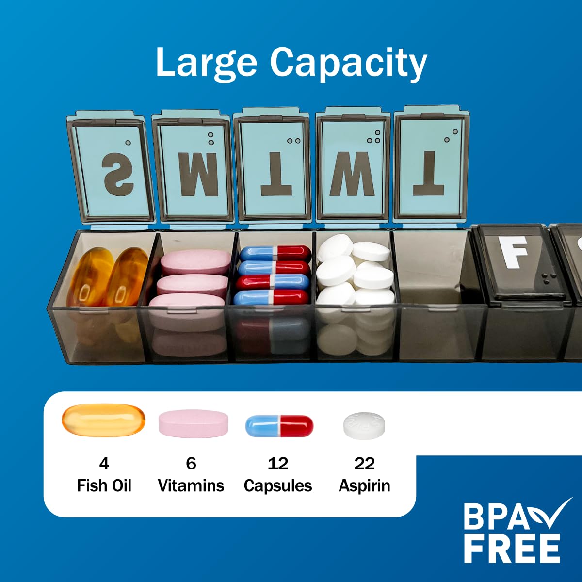 Amazon Basic Care Weekly (7-Day) Pill Organizer, Vitamin Planner, And Medicine Box, Medium Compartments, Black