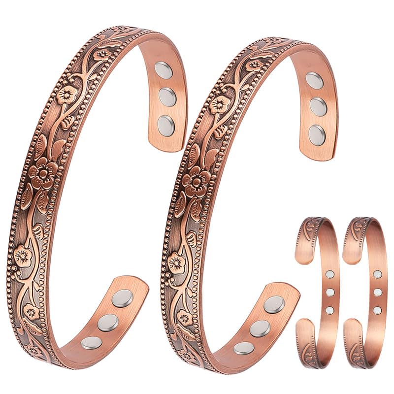 2PCS Copper Bracelets for Women 100% Pure Copper Bracelet Cuff Bangle Strength Magnets Adjustable Copper Magnetic Bracelet with 