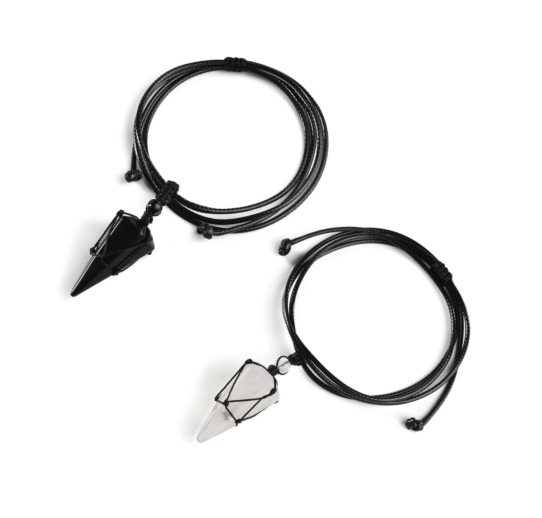 Top Plaza 2pcs Black Obsidian Clear Quartz Healing Crystal Stone Necklace for Women Men 6 Facet Pointed Pendant Necklaces Adjust