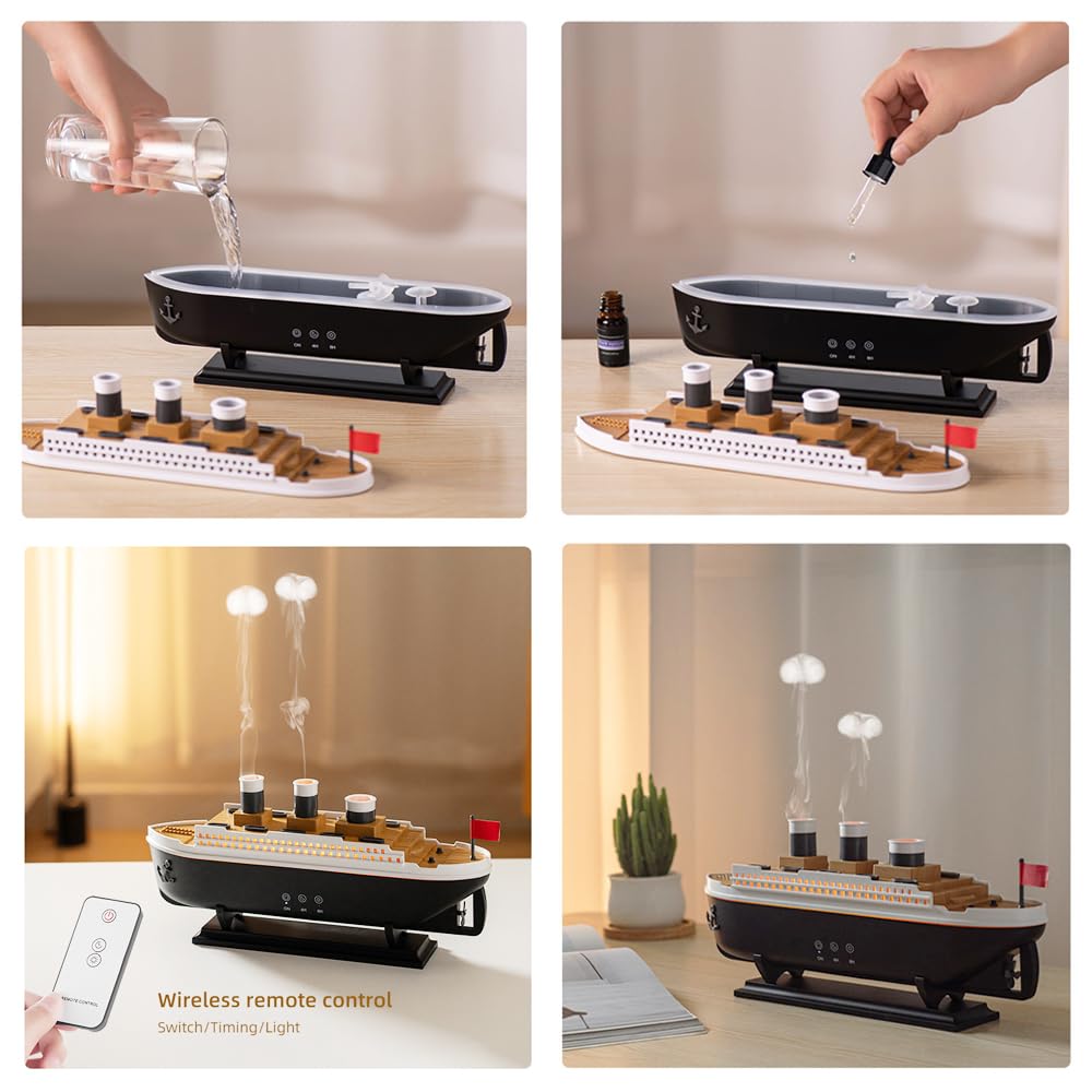 Essential Oil Diffuser, 250ml Ship Modelling Aromatherapy Ship Oil Diffuser Cool Mist Humidifier with Remote Control, Remote 2 S