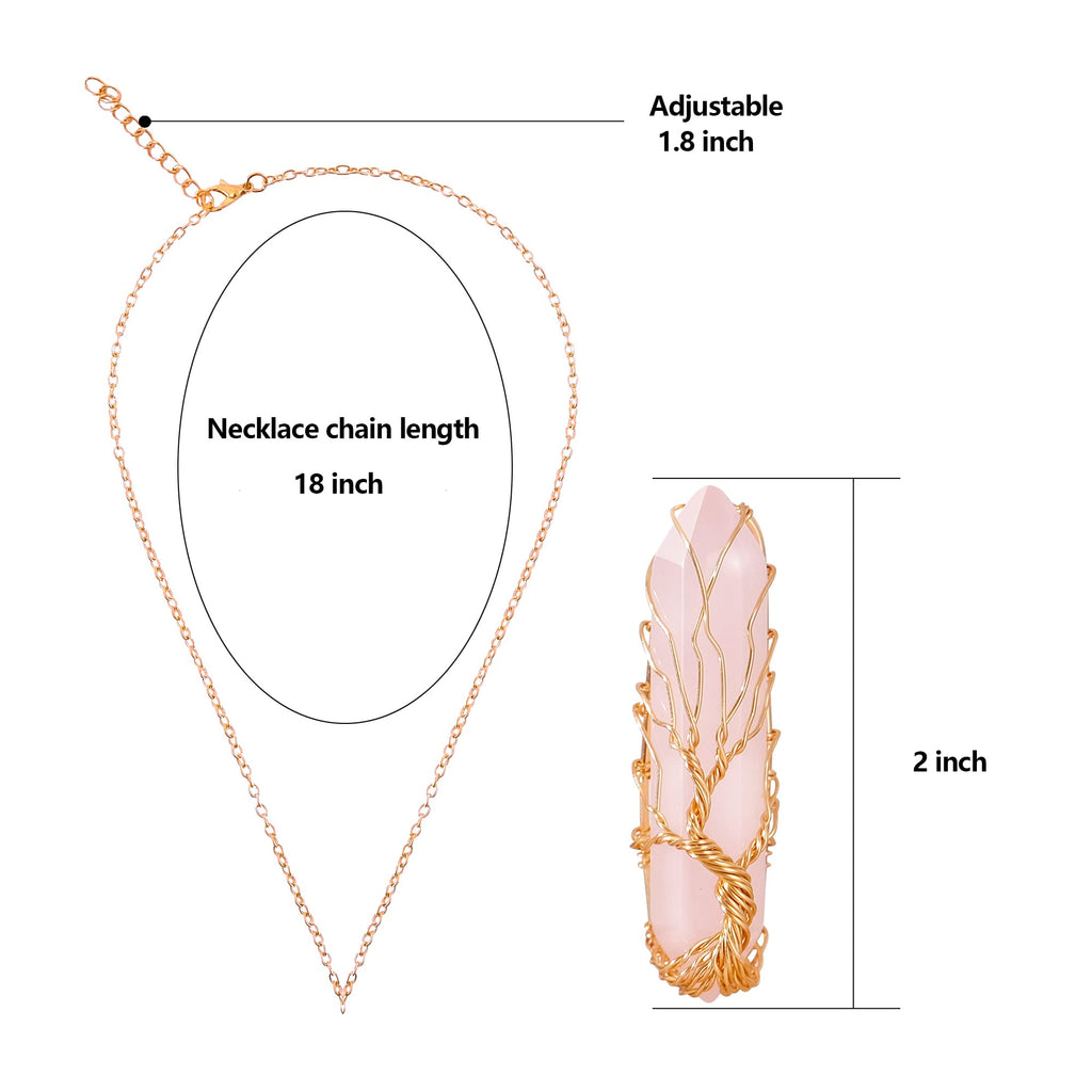VIBILIA Healing Crystal Necklace Tree of Life Wire Wrapped Natural Rose Quartz Stone Point Pendant Necklace Hexagonal Reiki Spir