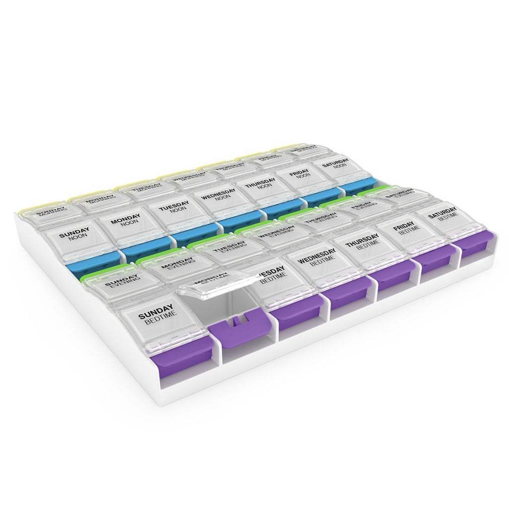 EZY DOSE Weekly (7-Day) Pill Case, Medicine Planner, Vitamin Organizer Box, 4 Times a Day, X-Large Push-Button Compartments, Con