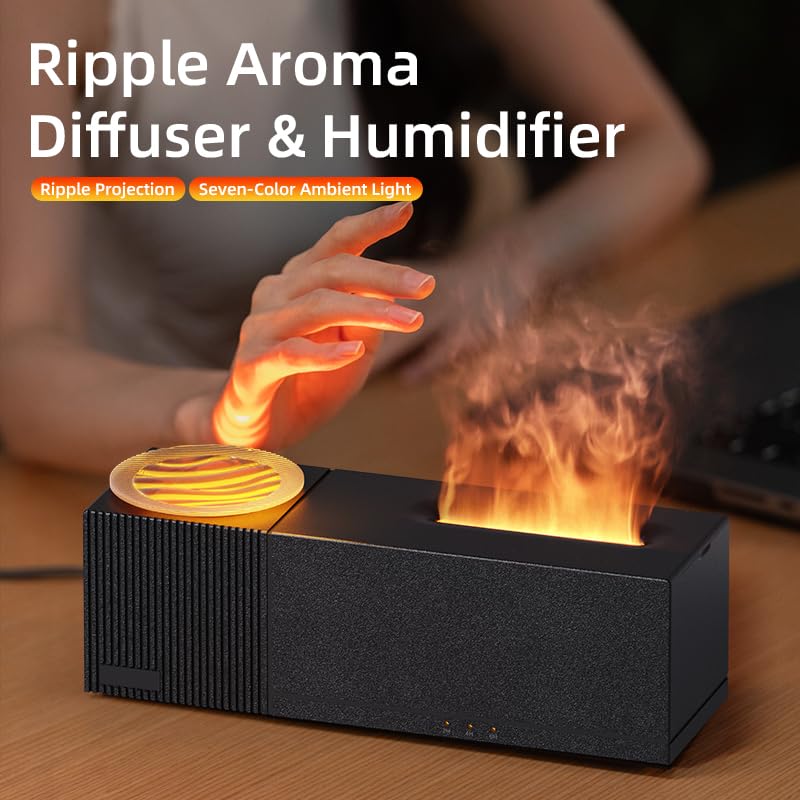 Essential Oil Diffuser, Ripple Projection Vibe Flame Oil Diffuser - Aromatherapy Aroma Humidifier, Upgrade 7 Flame Colors Noisel