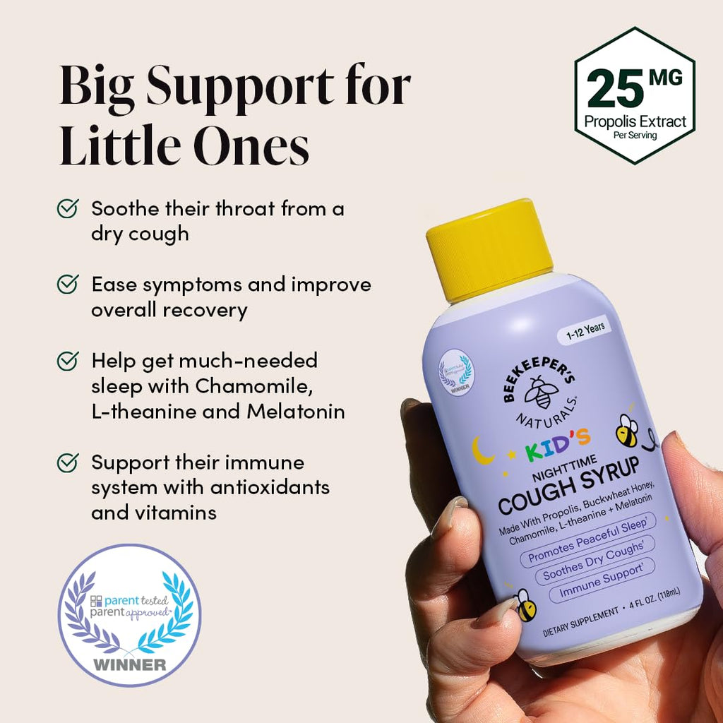 Beekeepers Naturals Propolis Honey Cough Syrup Nighttime for Kids Immune Support with Propolis, Elderberry & Raw Honey - Sleep