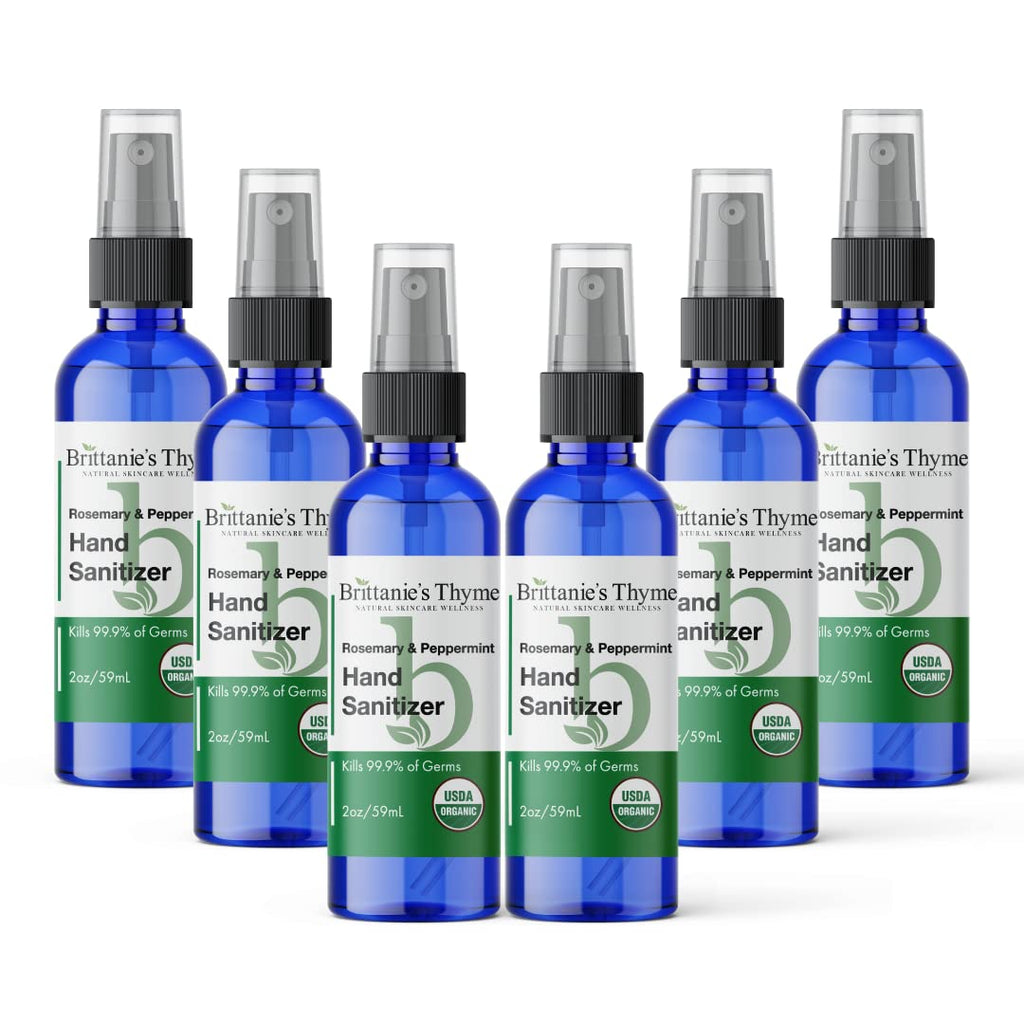 Brittanies Thyme Organic Travel Hand Sanitizer Spray, Rosemary & Peppermint 2oz 6 Count | Vitamin E Aloe Moisturizing | Non Gre