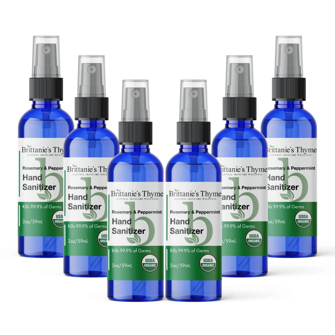 Brittanies Thyme Organic Travel Hand Sanitizer Spray, Rosemary & Peppermint 2oz 6 Count | Vitamin E Aloe Moisturizing | Non Gre
