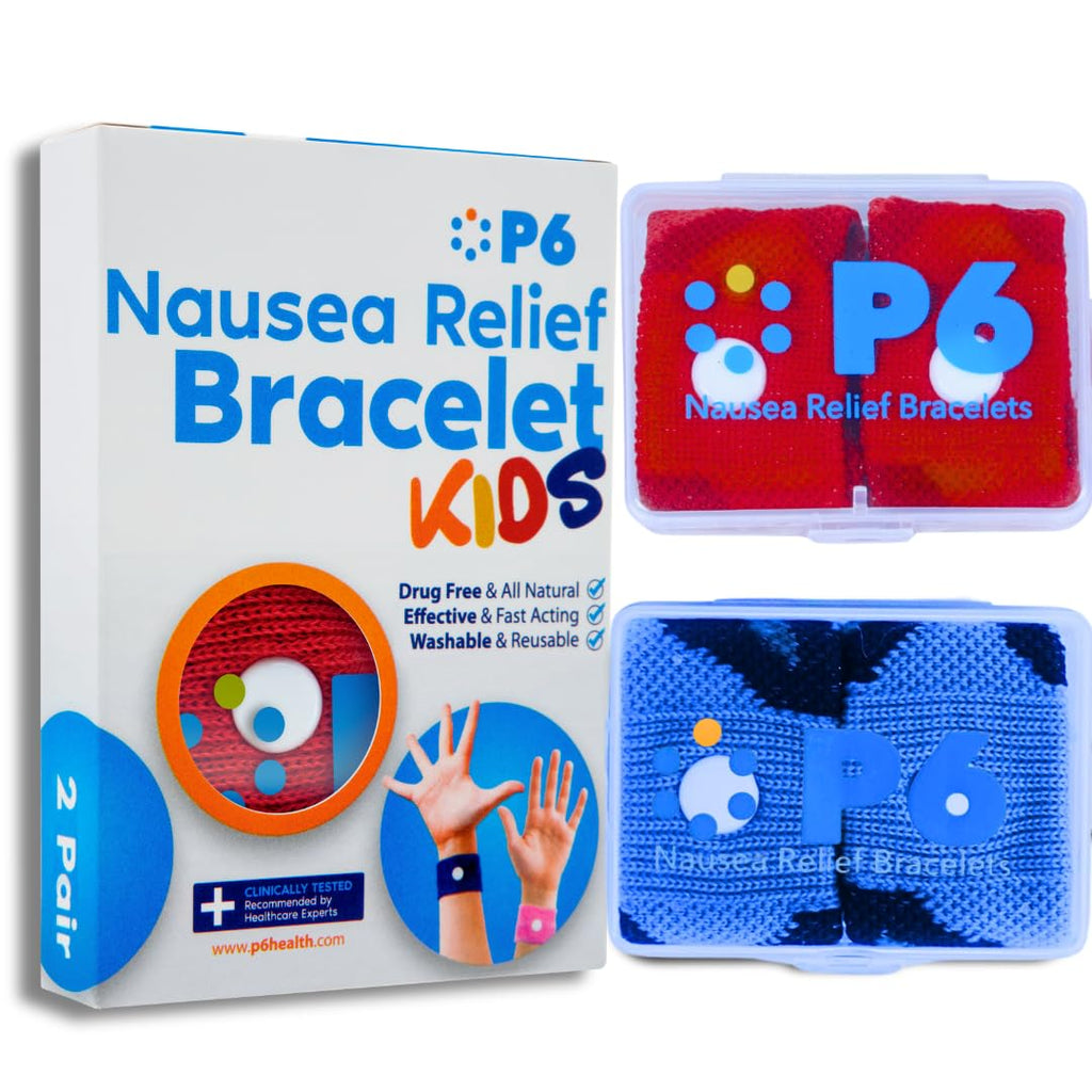 P6 Health Original Natural Anti-Nausea Relief Motion Car Sea Sickness Relief Childrens Wrist Bands for Kids (2 Pack, Red - Blue