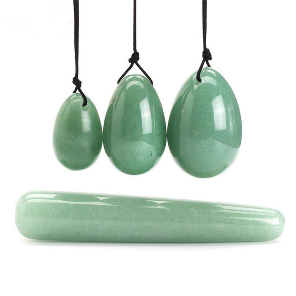 AITELEI 4Pcs Set Jade Yoni Eggs Stick,3 Pcs Drilled Natural Green Aventurine Quartz Crystal Jade Eggs Massage Stone + 1 Pcs Mass