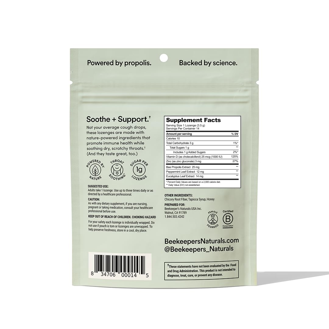 Beekeepers Naturals Soothing Mint Eucalyptus Cough Drops, Immune Support with Vitamin D, Zinc and Propolis, Cooling & Throat So