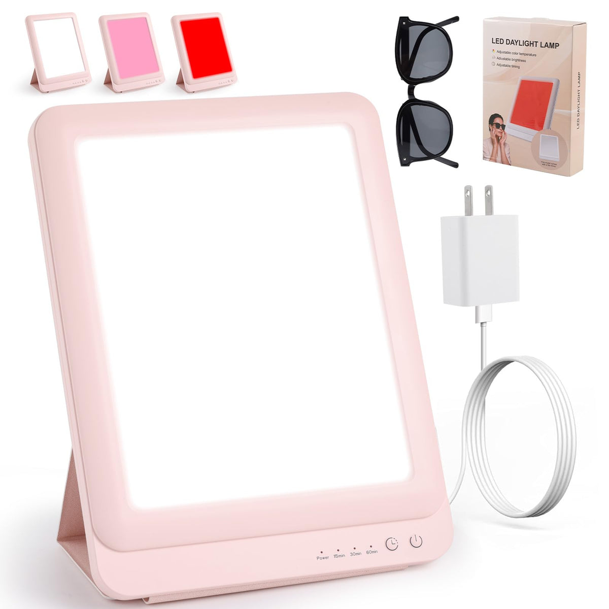 WINGROWHK Light Therapy Lamp with Mirror, 10000 Lux UVFree, 3 Color Modes (Cool/Red/Pink) with Stepless Dimming & Timer, for Ho