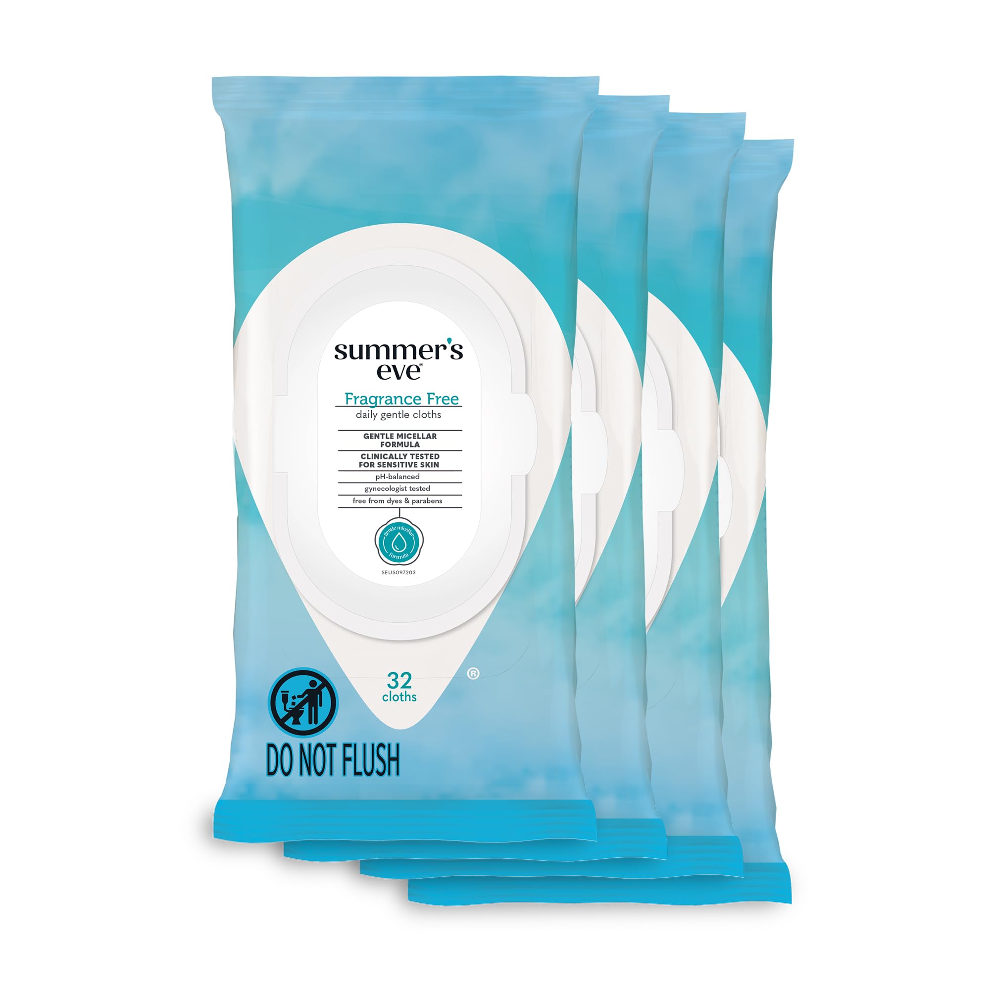 Summers Eve Fragrance Free Gentle Daily Feminine Wipes, Removes Odor, pH balanced, 32 Count, 4 Pack
