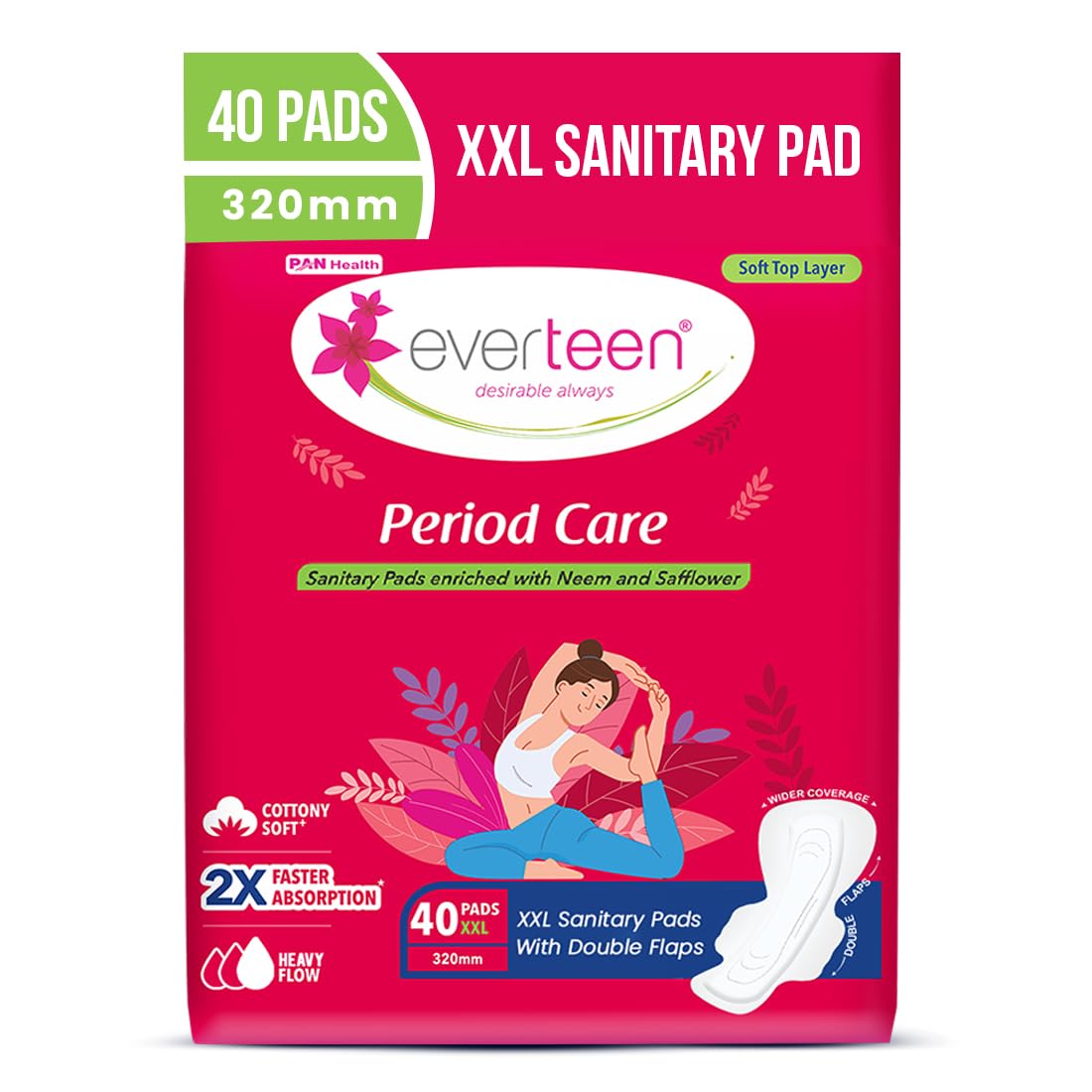 Everteen Xxl Sanitary Napkin Pads With CottonySoft Top Layer For Women Enriched With Neem And Safflower, XxLarge, 320Mm Pack O