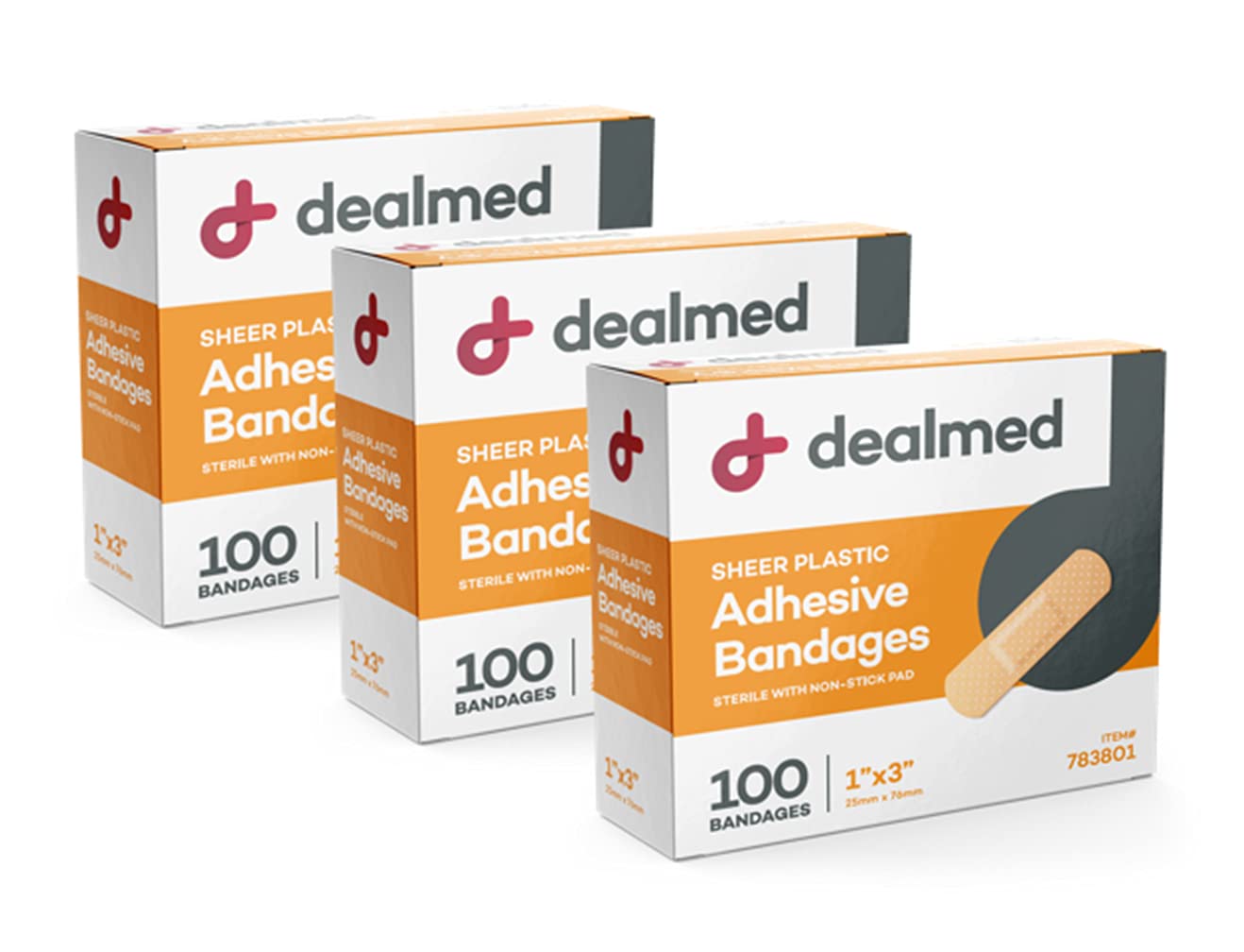 Dealmed Sheer Plastic Flexible Adhesive Bandages - 100 Count (3 Pack) Bandages with Non-Stick Pad, Latex Free, Wound Care for Fi