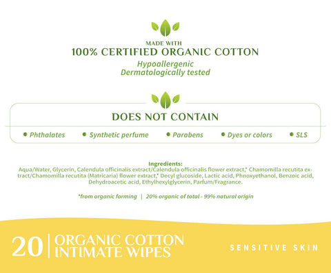 ORGANYC 100% Organic Cotton Feminine Hygiene Wipes, 20-count Packages (Pack of 6)
