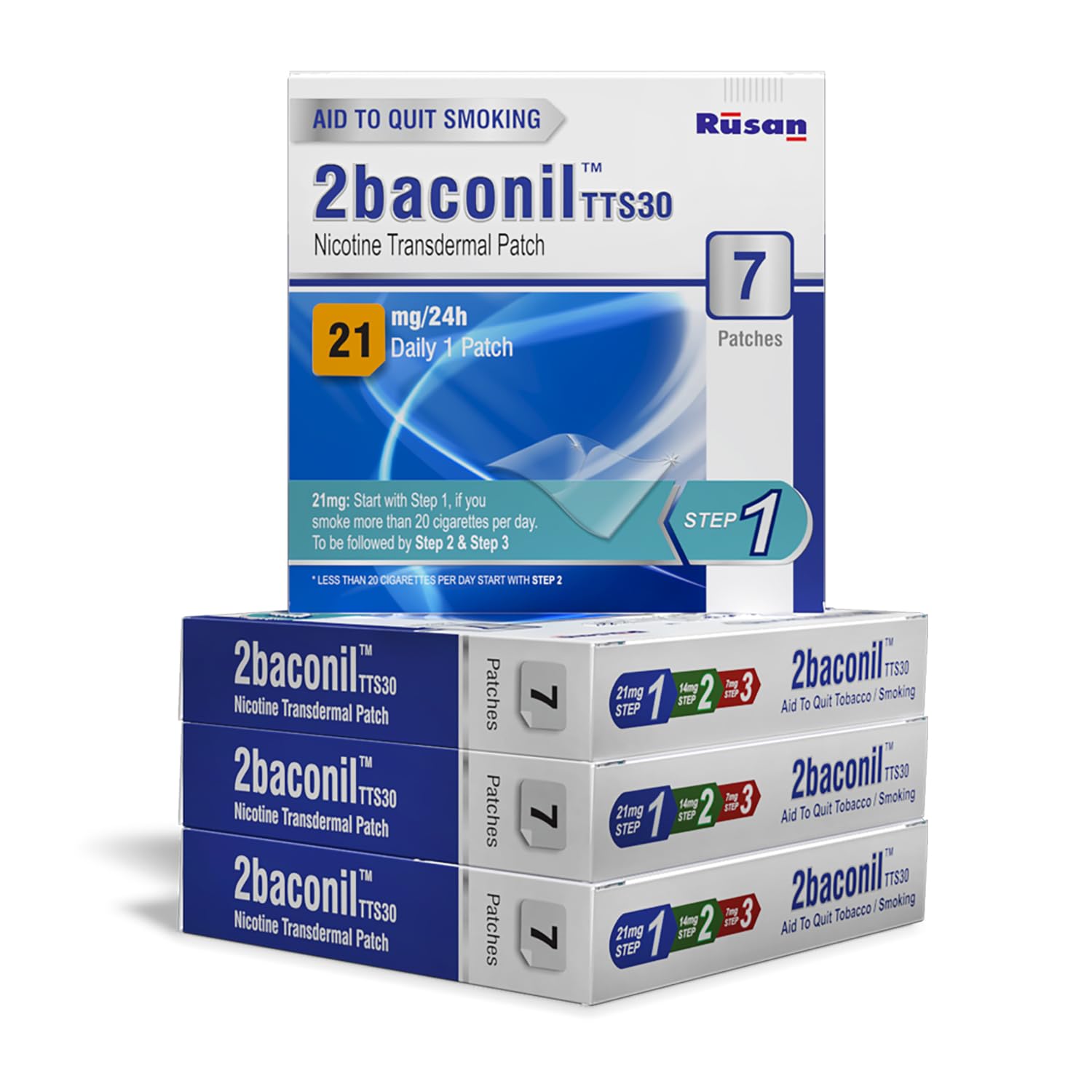 Rusan 2Baconil Nicotine Transdermal Patch 21Mg Step 1 | 28 Patches (4X7 Pack) | 1 Month Quit Smoking Kit | Nicotine Replacement 