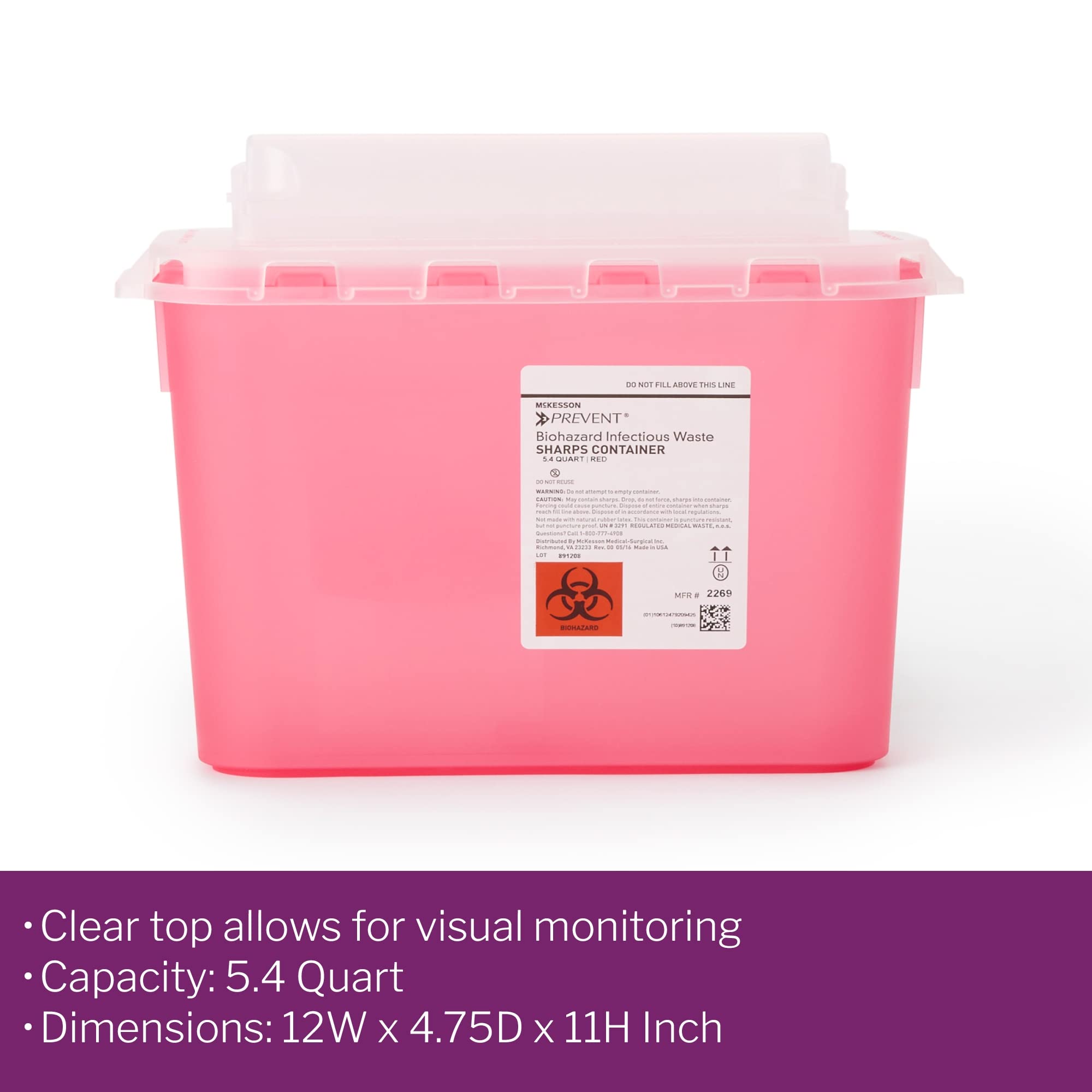 McKesson Prevent Sharps Container for Home Use, 5.4 Quart - for Biohazard Infectious Waste, Needle and Syringe Disposal - Transl