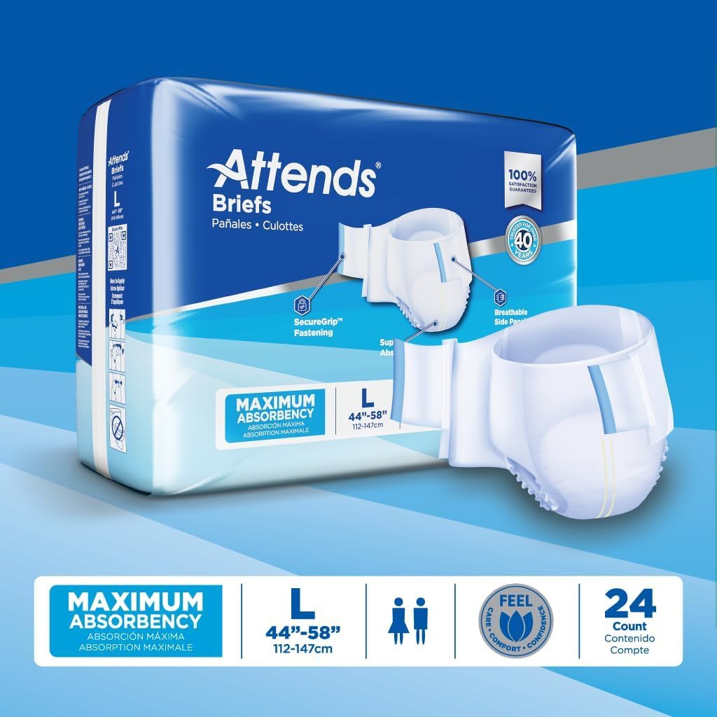 Attends Classic Briefs with Dry-Lock Technology for Adult Incontinence Care, Large, Unisex, 24 Count (Pack of 3)