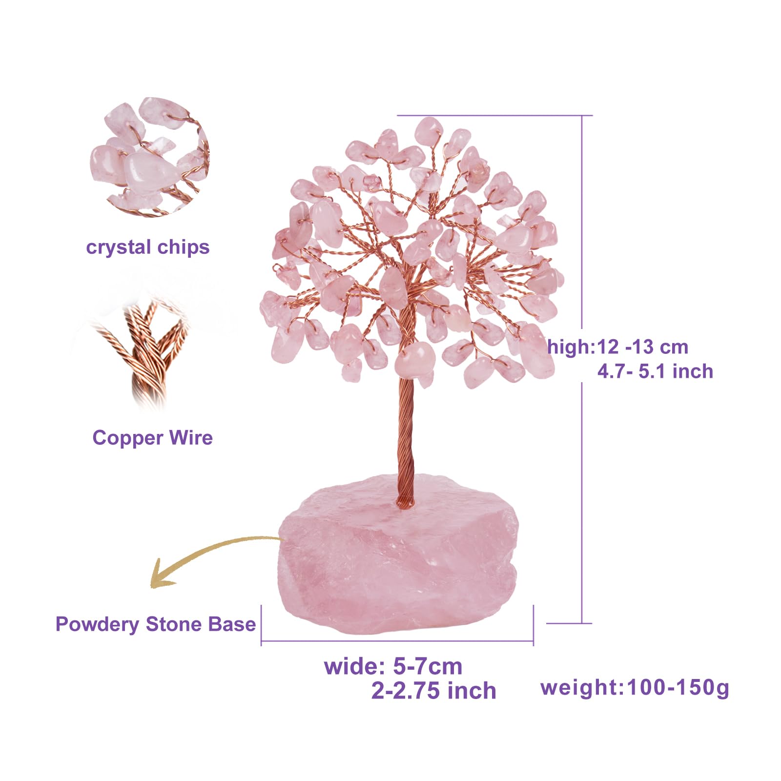 QLRSUXN Rose Quartz Crystal Tree of Life,4 Inch Natural Healing Stones,Reiki Energy Money Tree, Handmade with Copper Wire,Feng S