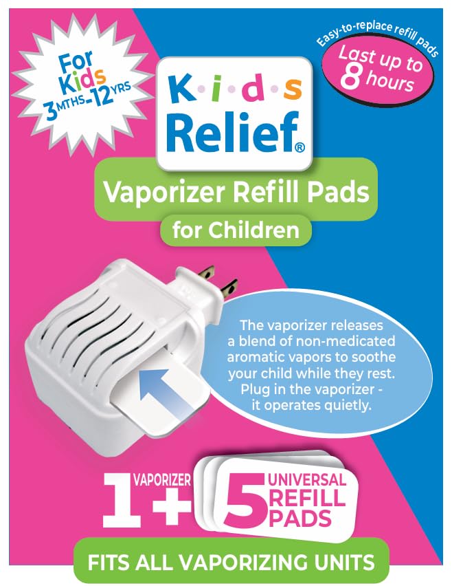 Kids Relief Plug-in WATERLESS Vaporizer with 5 Soothing Non-Medicated Menthol Eucalyptus Lavender Vapor Refill Pads, 1 ct