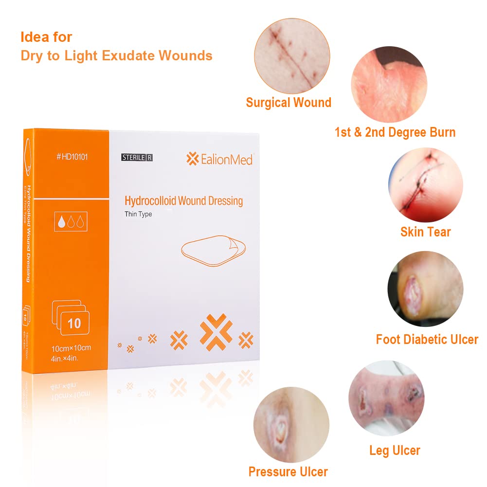 Hydrocolloid Bandage, Hydrocolloid Wound Dressing Thin Type 4 x 4 for Light Exudate Wound, Pressure Ulcer, Bed Sore, Surgica