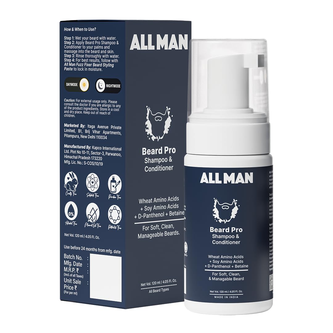 All Man Beard Pro Shampoo & Conditioner, Remove Dirt, Oil, & Product Buildup With Deep Hydration With Wheat Amino Acids & Betain
