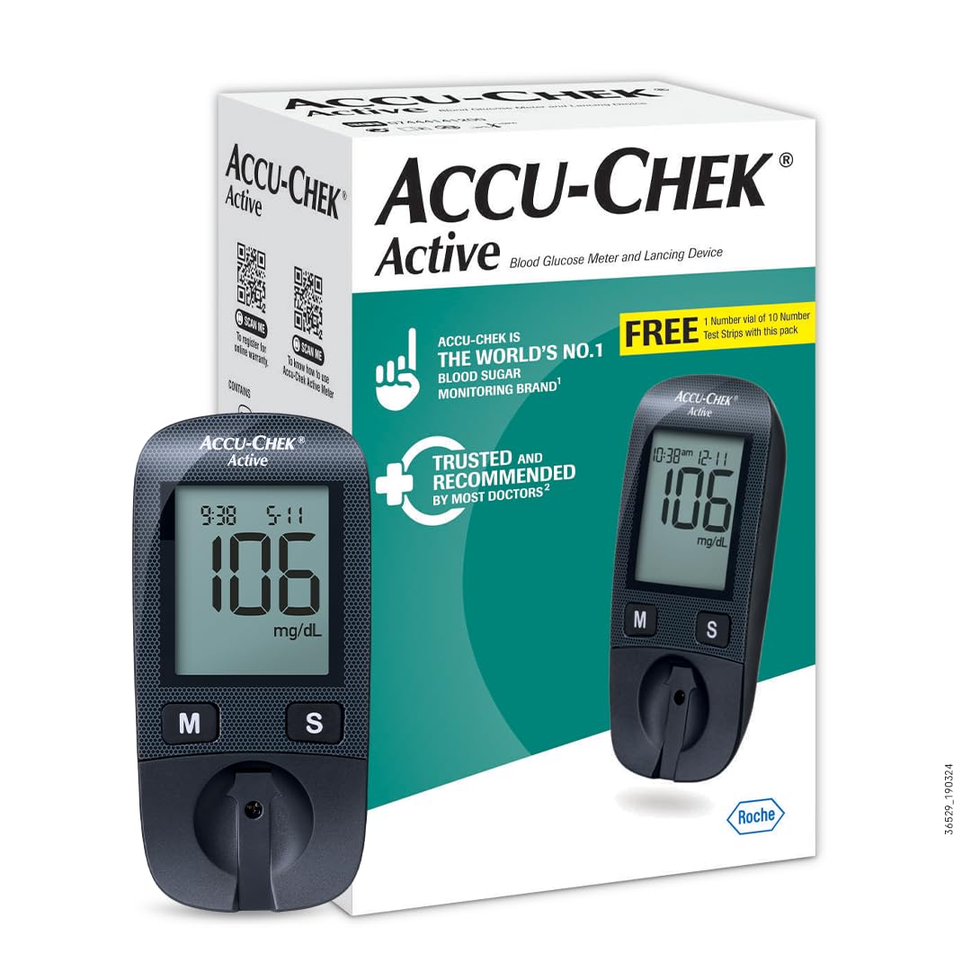 AccuChek Active Blood Glucose Glucometer Kit With Vial Of 10 Strips, 10 Lancets And A Lancing Device Free For Accurate Blood Su