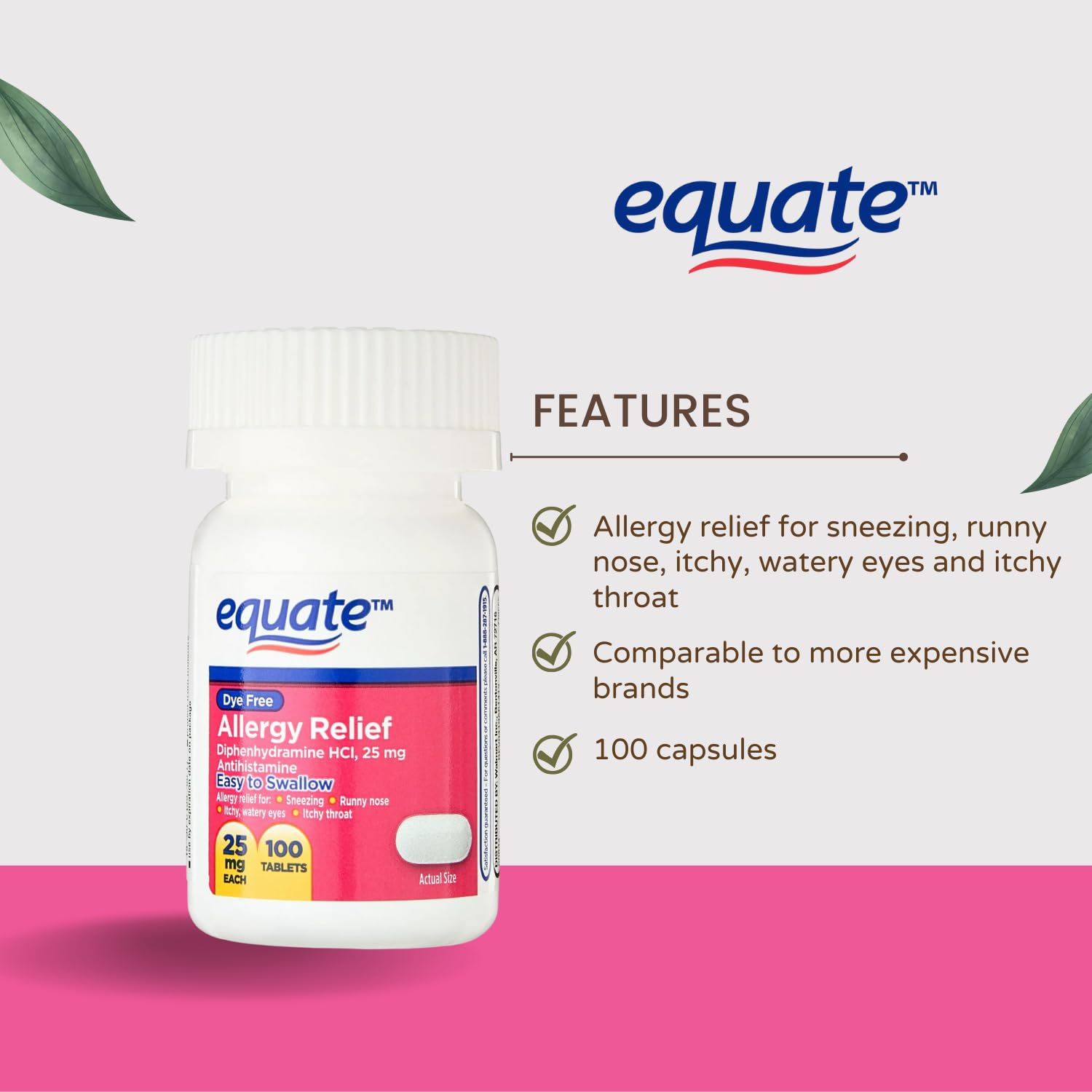 SCHMIDT EMPIRE Equate Dye-Free Allergy Relief 25 mg, 100ct Tablets (Pack of 2)
