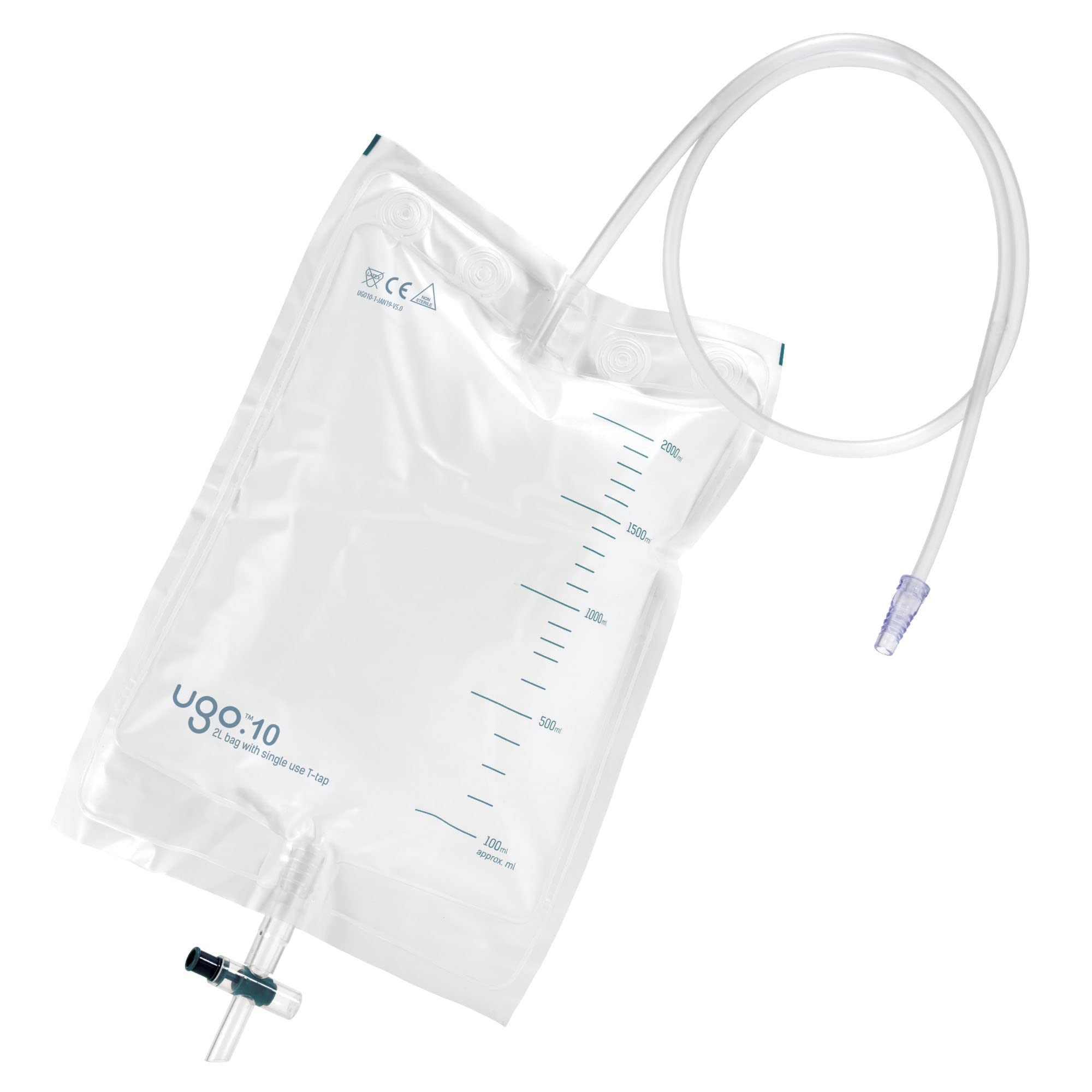 Ugo 2L Night Bags (x10) - Urine Drainage Bags/Catheter Night Bags, T Tap or Lever Tap with Kink Free Connection (Pack of 10) (Ug