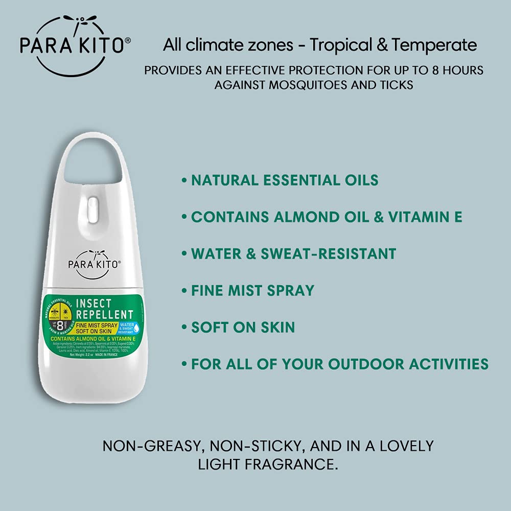 PARAKITO Mosquito, Ticks & Insect Spray- DEET Free, Citronella Essential Oil, Water & Sweat Resistant, Mosquito Bite Protection