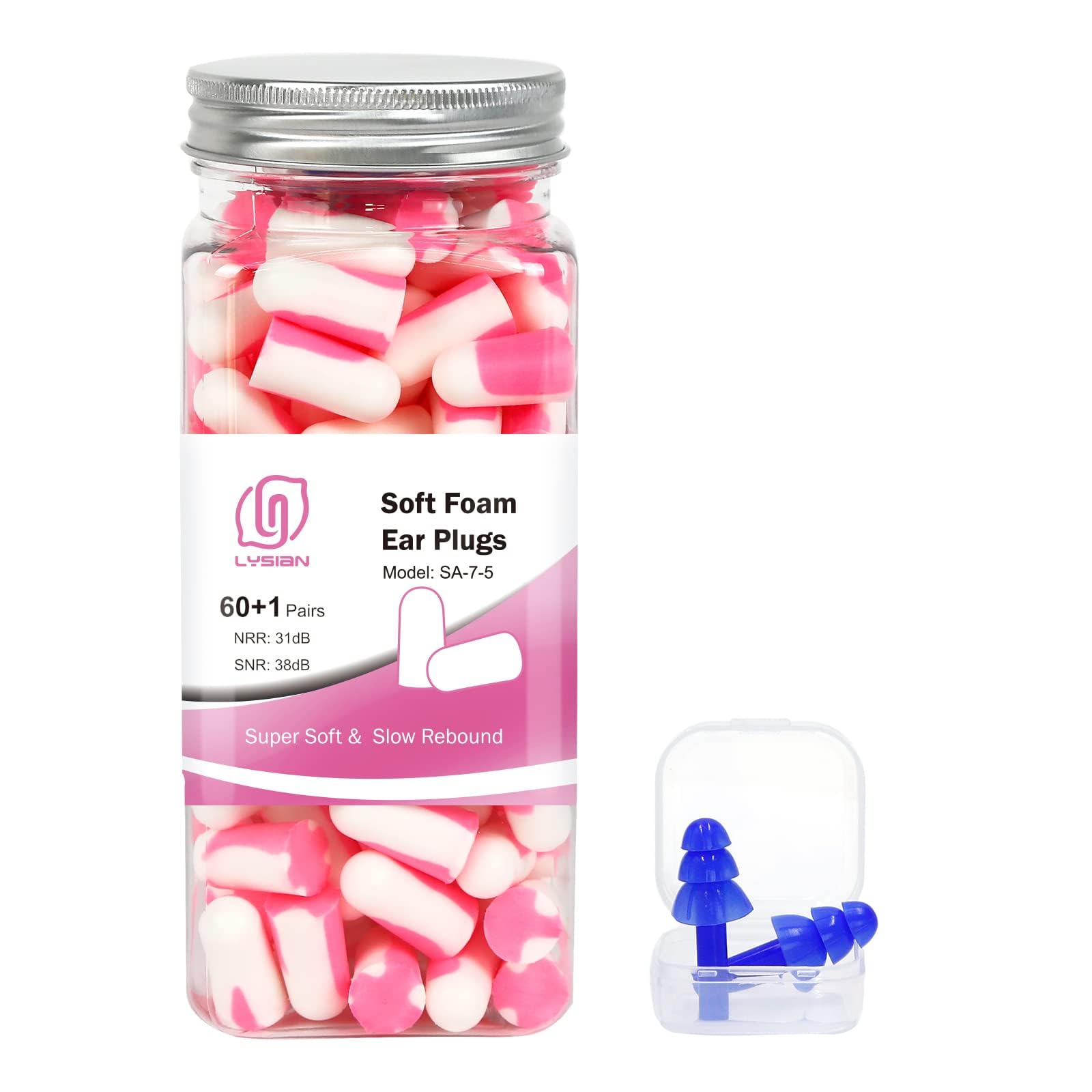 LYSIAN Ultra Soft Foam Sleep Earplugs, 38dB SNR Noise Reduction Ear Plugs for Sleeping, Mowing, Shooting-60 Pairs,Double Color P