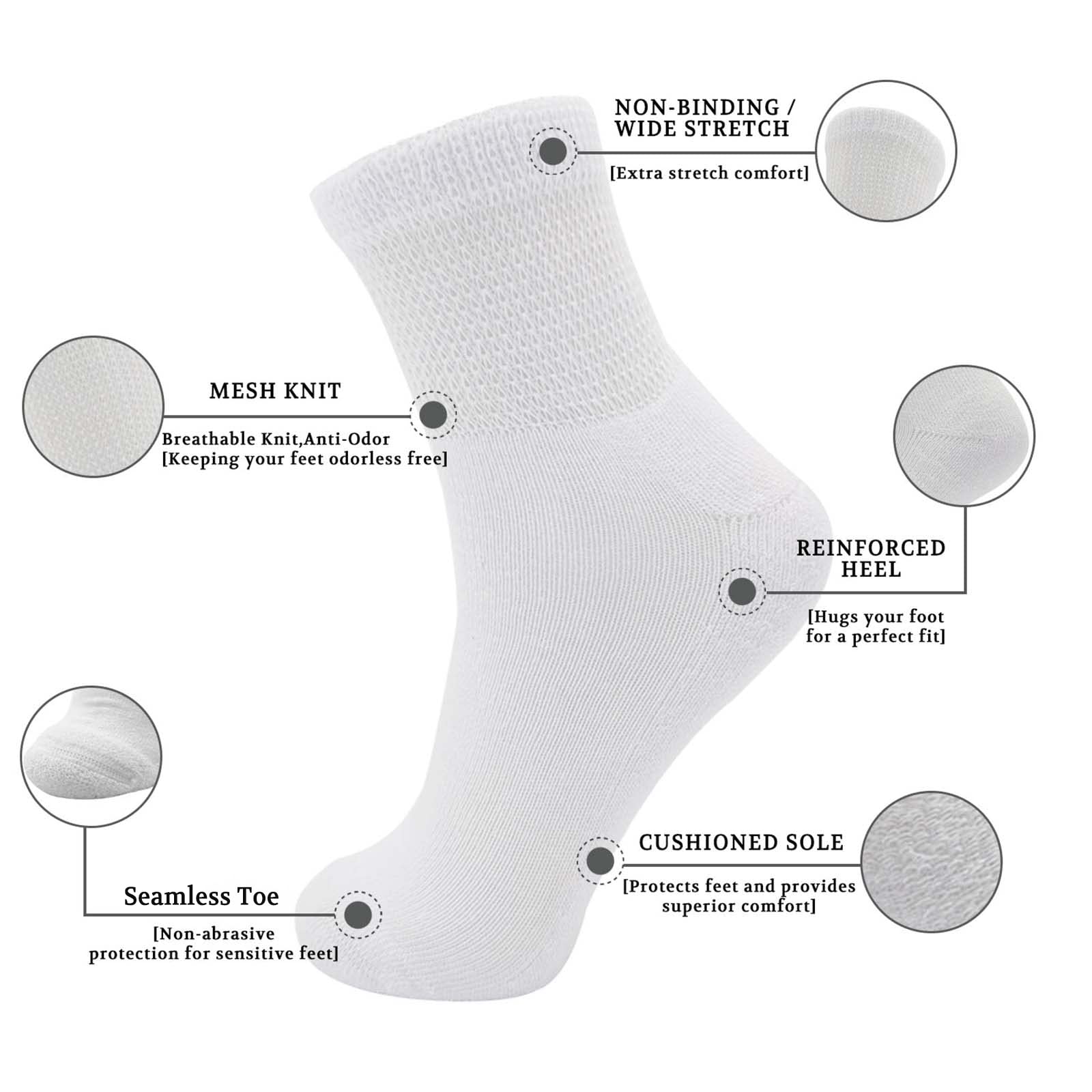 LIN PERFORMANCE Ankle Diabetic Socks for Women and Men Non-Binding Top Cushion Sole Moisture Wicking, 4 Pairs (13-15, White)
