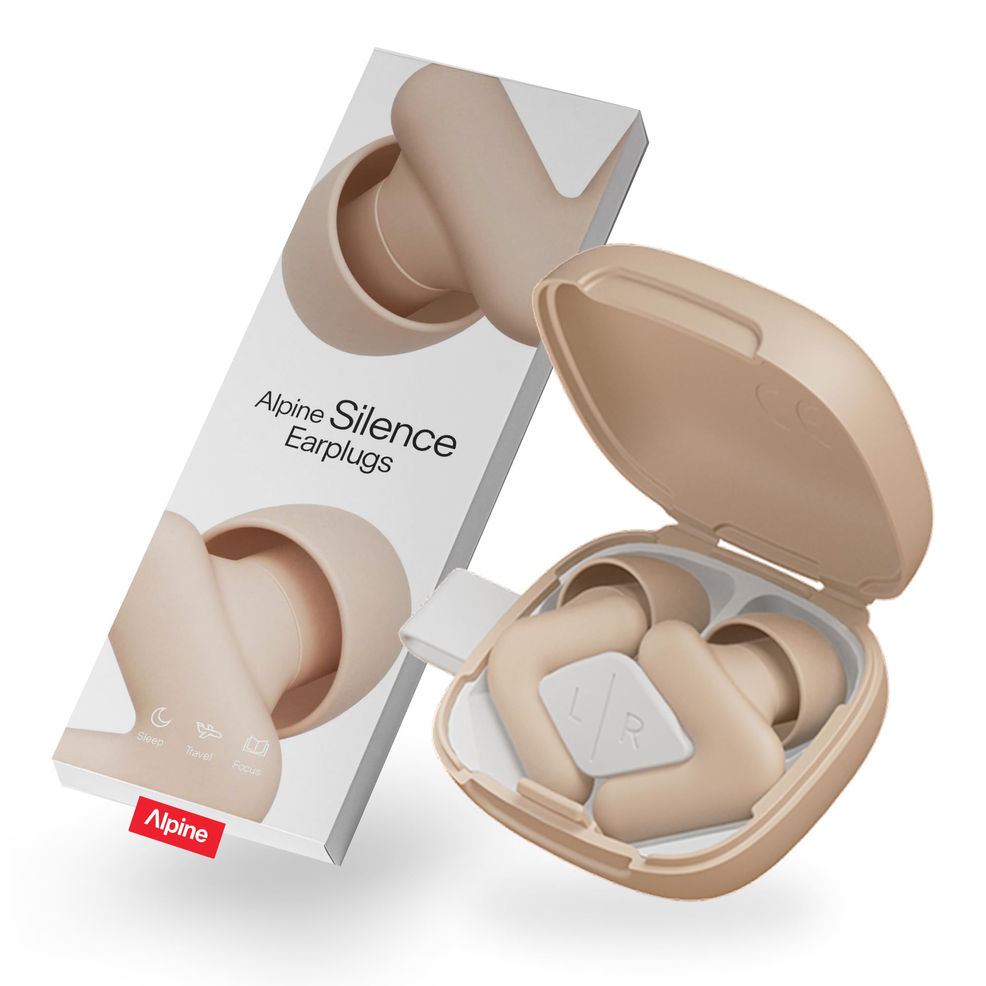 Alpine Silence Earplugs for Sleep, Focus & Travel - V-Shape Snug Fit & Soft Oval Tips - 4 Sizes XS/S/M/L - Comfortable, Reusable