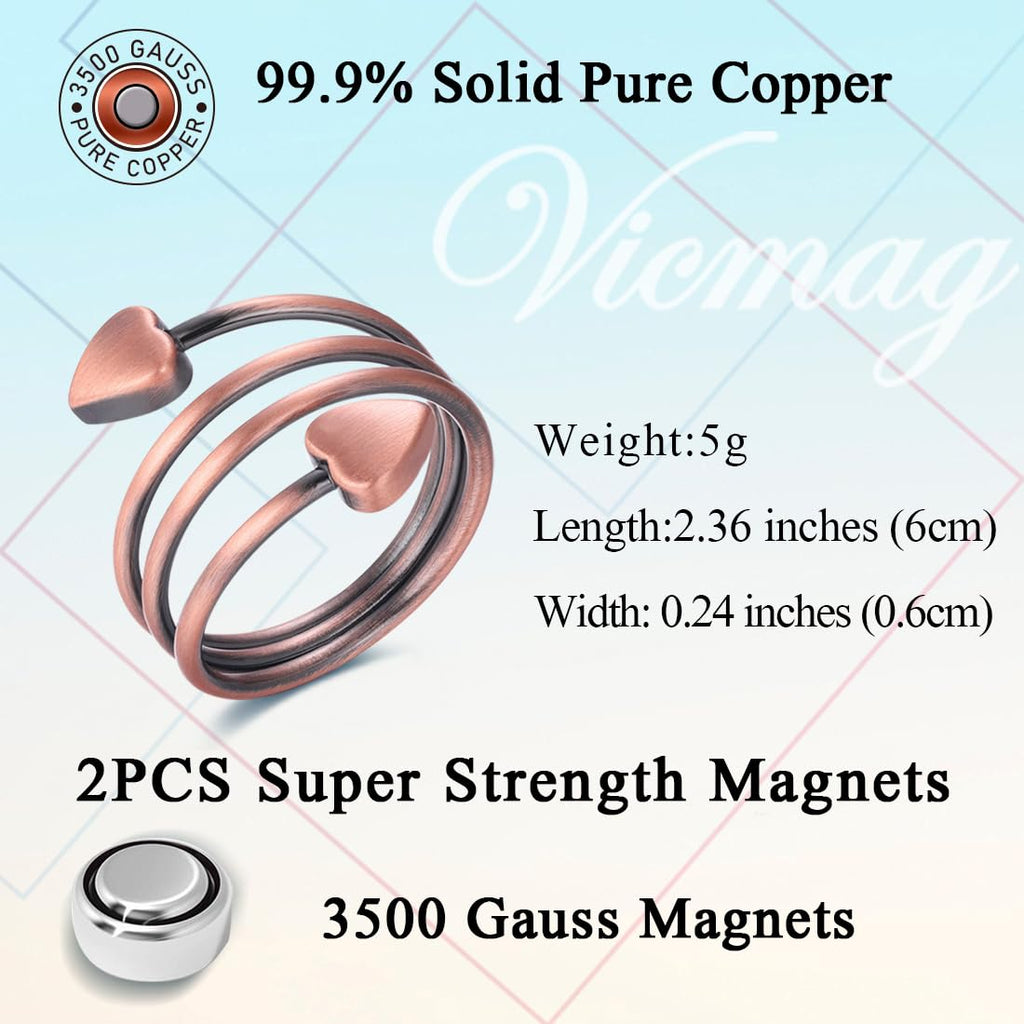 Vicmag Copper Magnetic Ring for Women Ring Ladies Fingers Thumb 99.9% Solid Pure Copper Gift 2PCS Adjustable (Copper Heart)