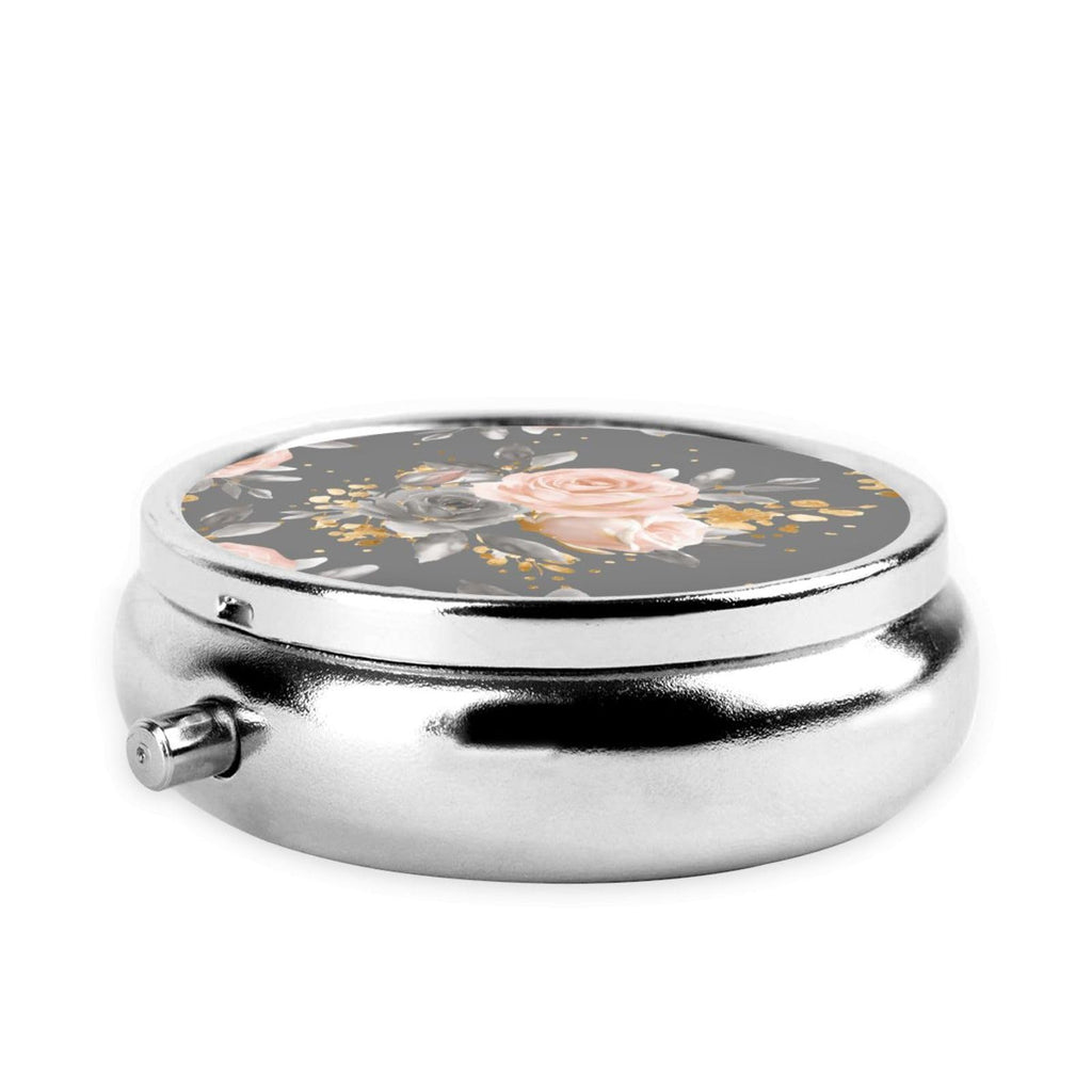 keluki Golden Blush Roses On Gray Watercolor Glitter Flowers Print Round Metal Pill Box with 3 Compartment for Pocket or Purse T